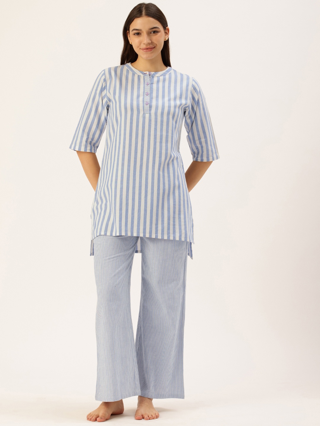 

Clt.s Women Pure Cotton Striped Kurti With Pyjamas Night suits, Blue