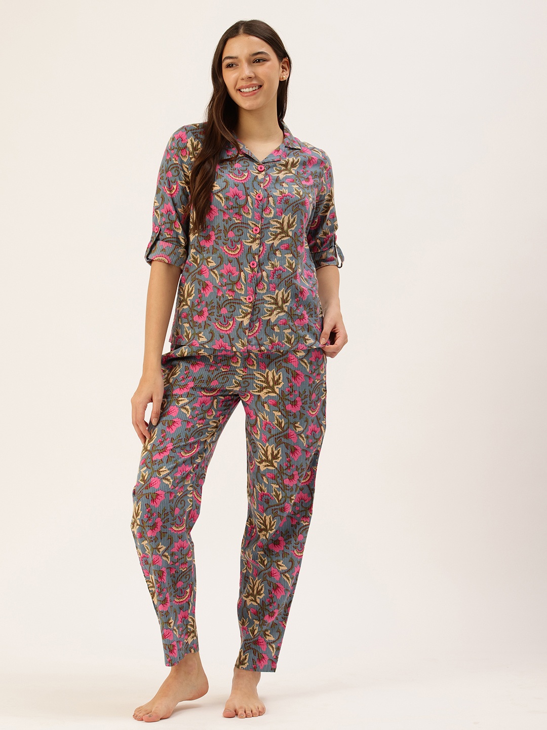 

Clt.s Floral Printed Pure Cotton Night Suit, Blue