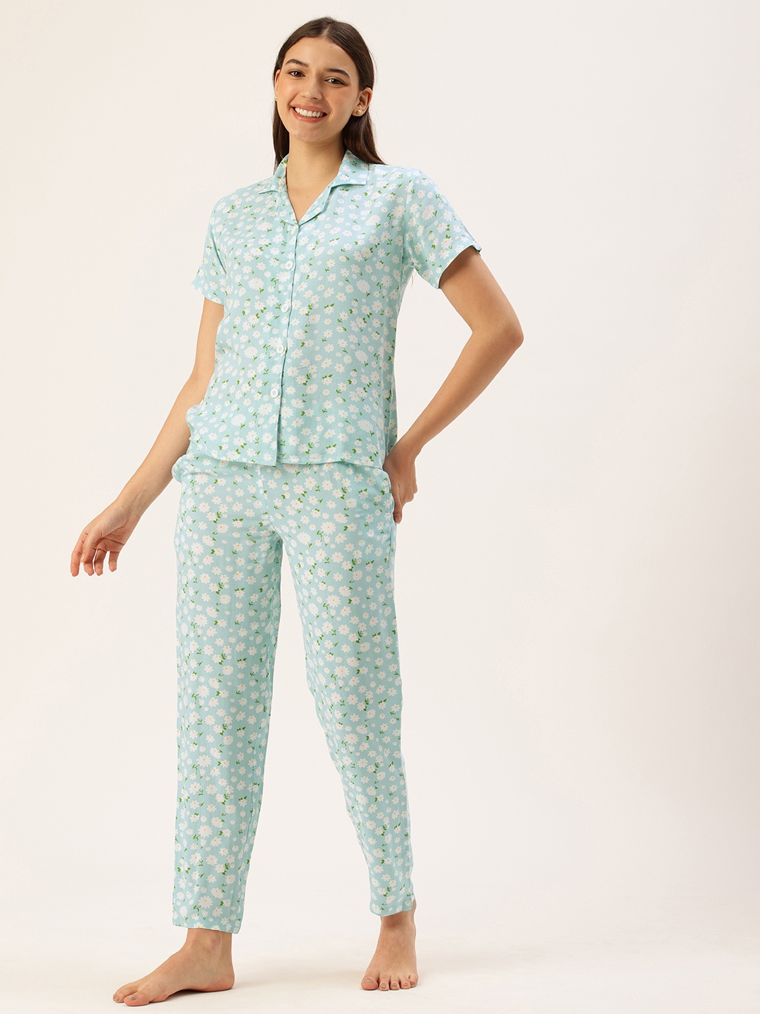 

Clt.s Women Floral Printed Shirt With Pyjamas Night suits, Blue