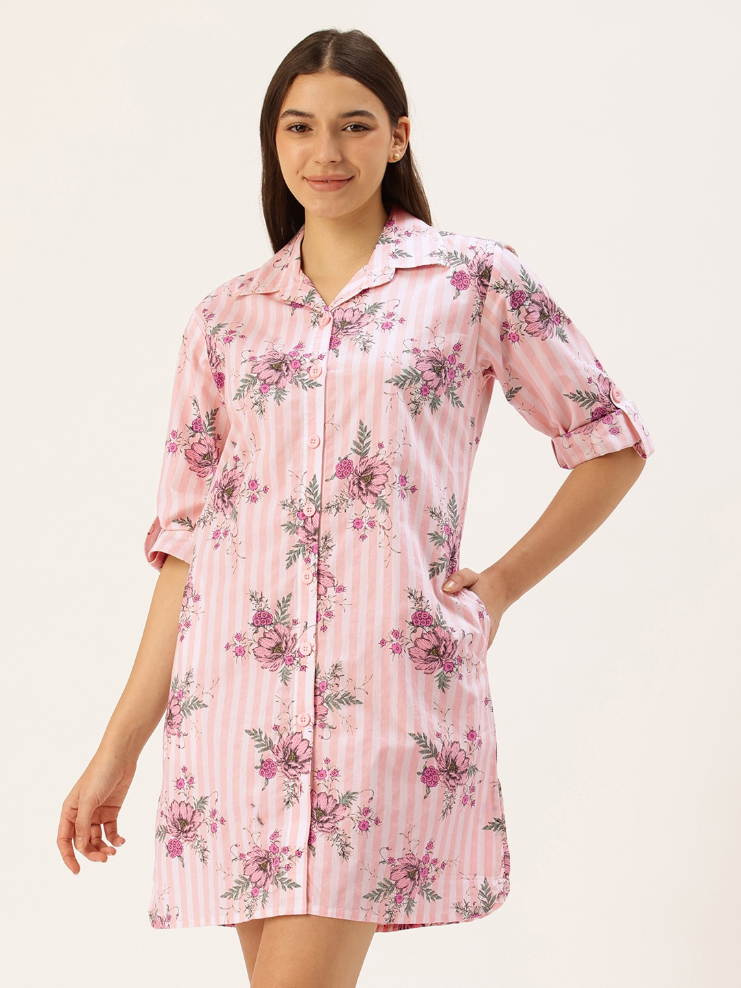 

Clt.s Floral Printed Striped Shirt Style Pure Cotton Nightdress, Pink