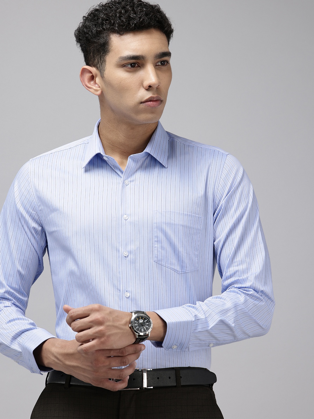 

Van Heusen Pure Cotton Slim Fit Opaque Striped Formal Shirt, Blue