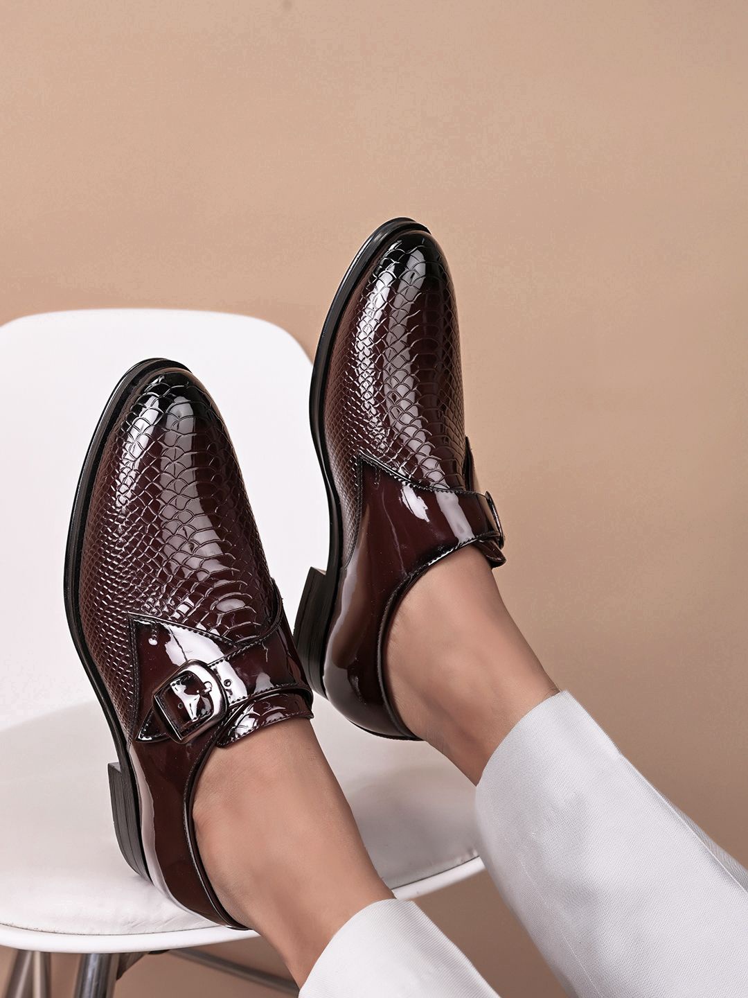 

House of Pataudi Men Textured Formal Monk Shoes, Maroon