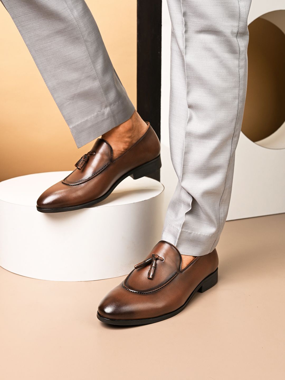 

House of Pataudi Men Leather Formal Slip-On Shoes, Tan