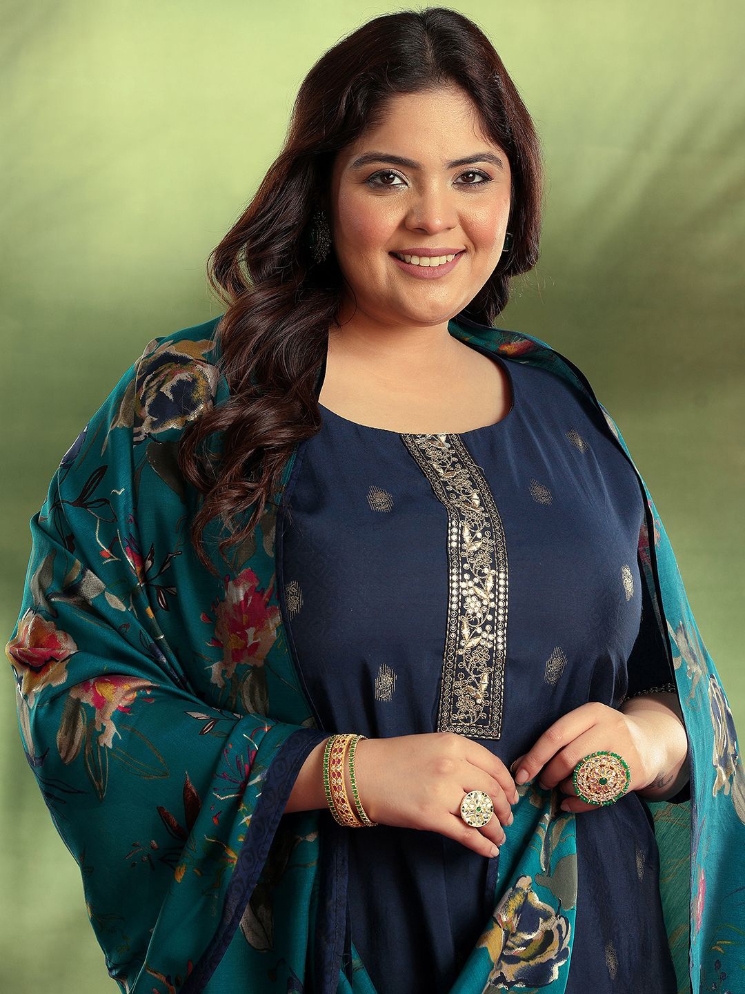 EXTRA LOVE BY LIBAS Plus Size Floral Printed Straight Kurta With Salwar & Dupatta, Blue
