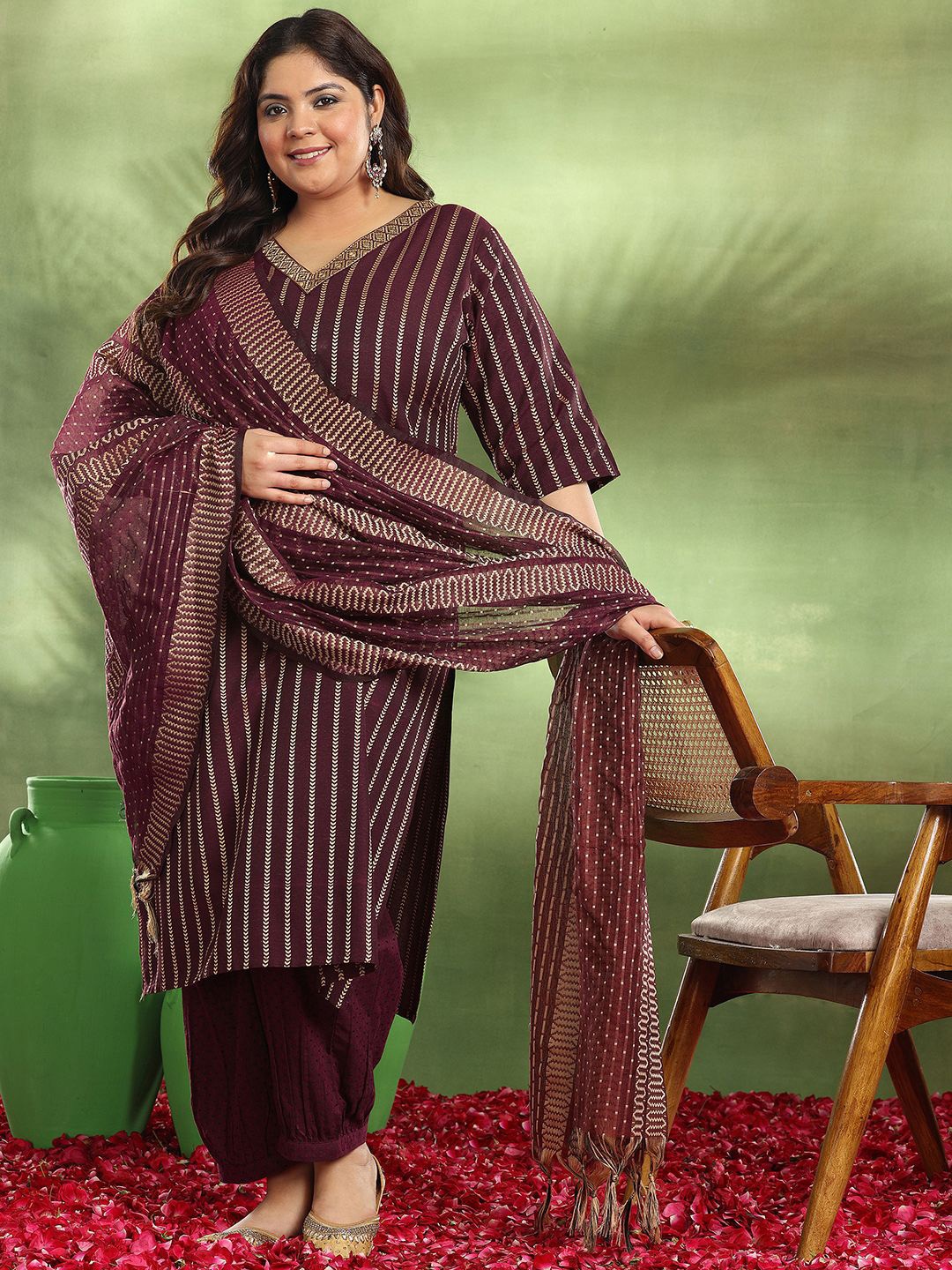 

EXTRA LOVE BY LIBAS Plus Size Striped Mirror Work Straight Kurta Salwar & Dupatta, Maroon