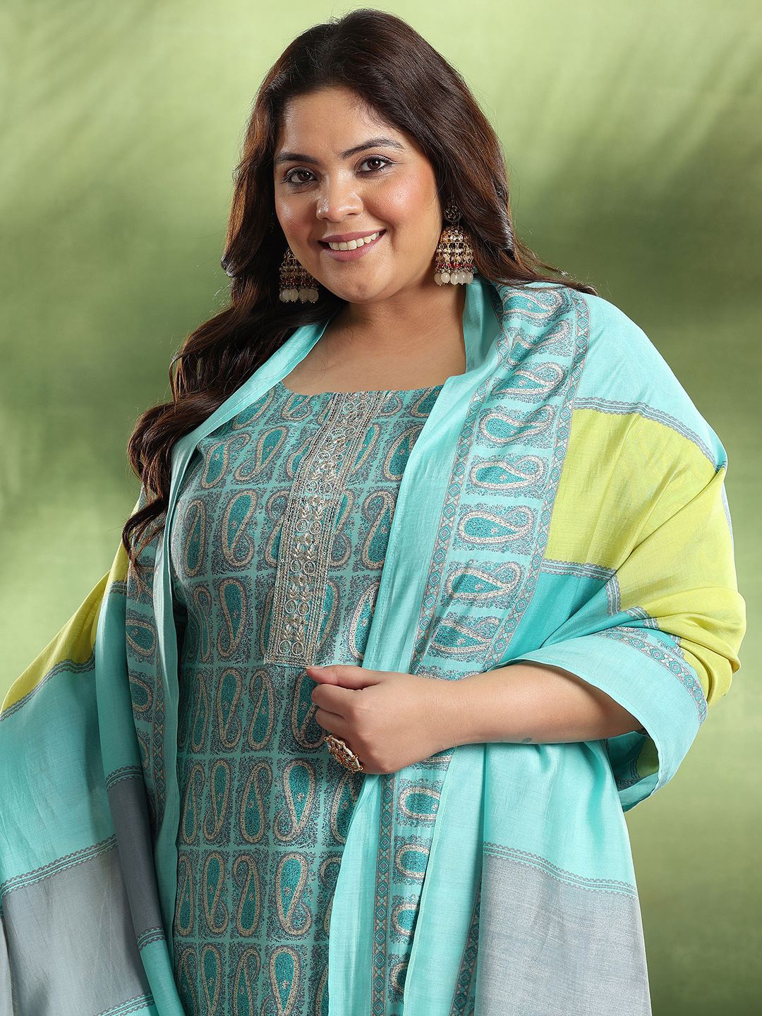 EXTRA LOVE BY LIBAS Plus Size Paisley Printed Straight Kurta With Salwar & Dupatta, Blue