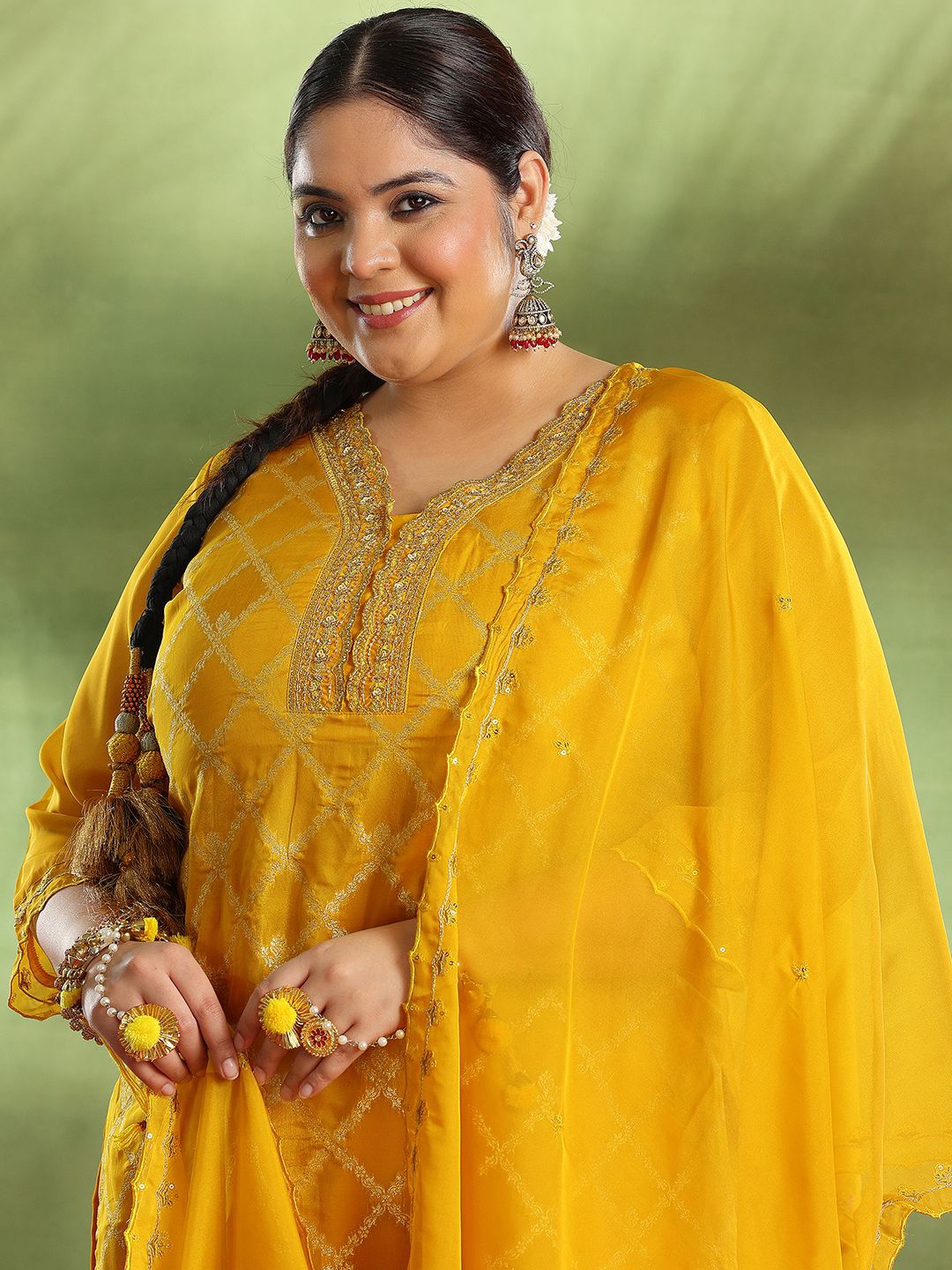 EXTRA LOVE BY LIBAS Plus Size Ethnic Motifs Woven Design Straight Kurta Trousers & Dupatta, Yellow