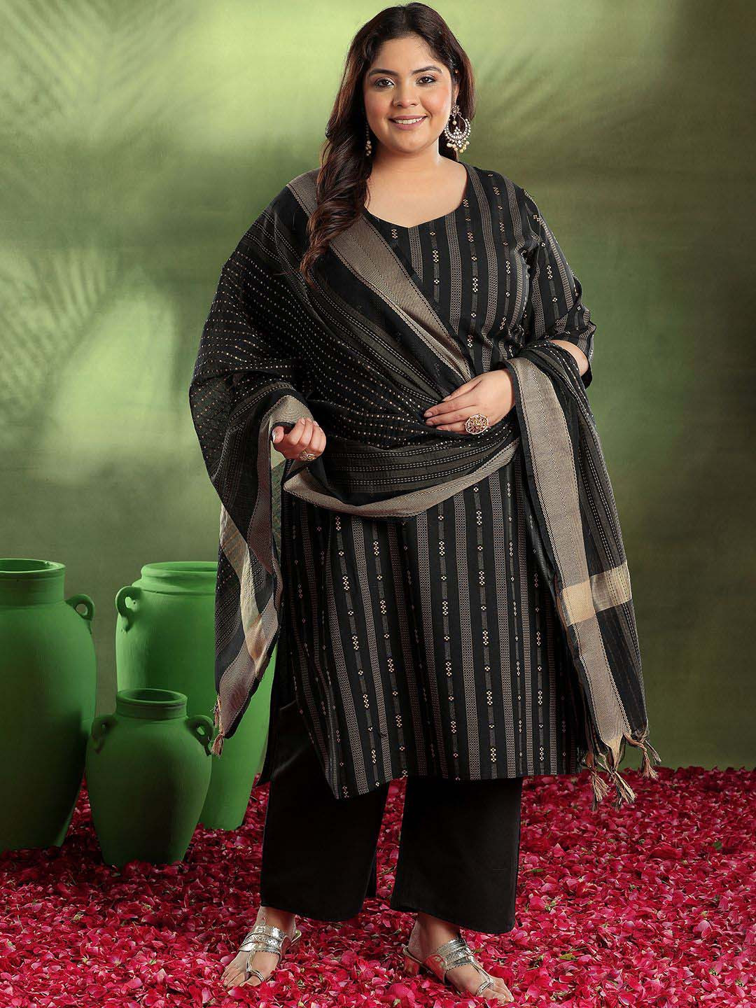 

EXTRA LOVE BY LIBAS Plus Size Ethnic Motifs Woven Design Straight Kurta Trousers & Dupatta, Black