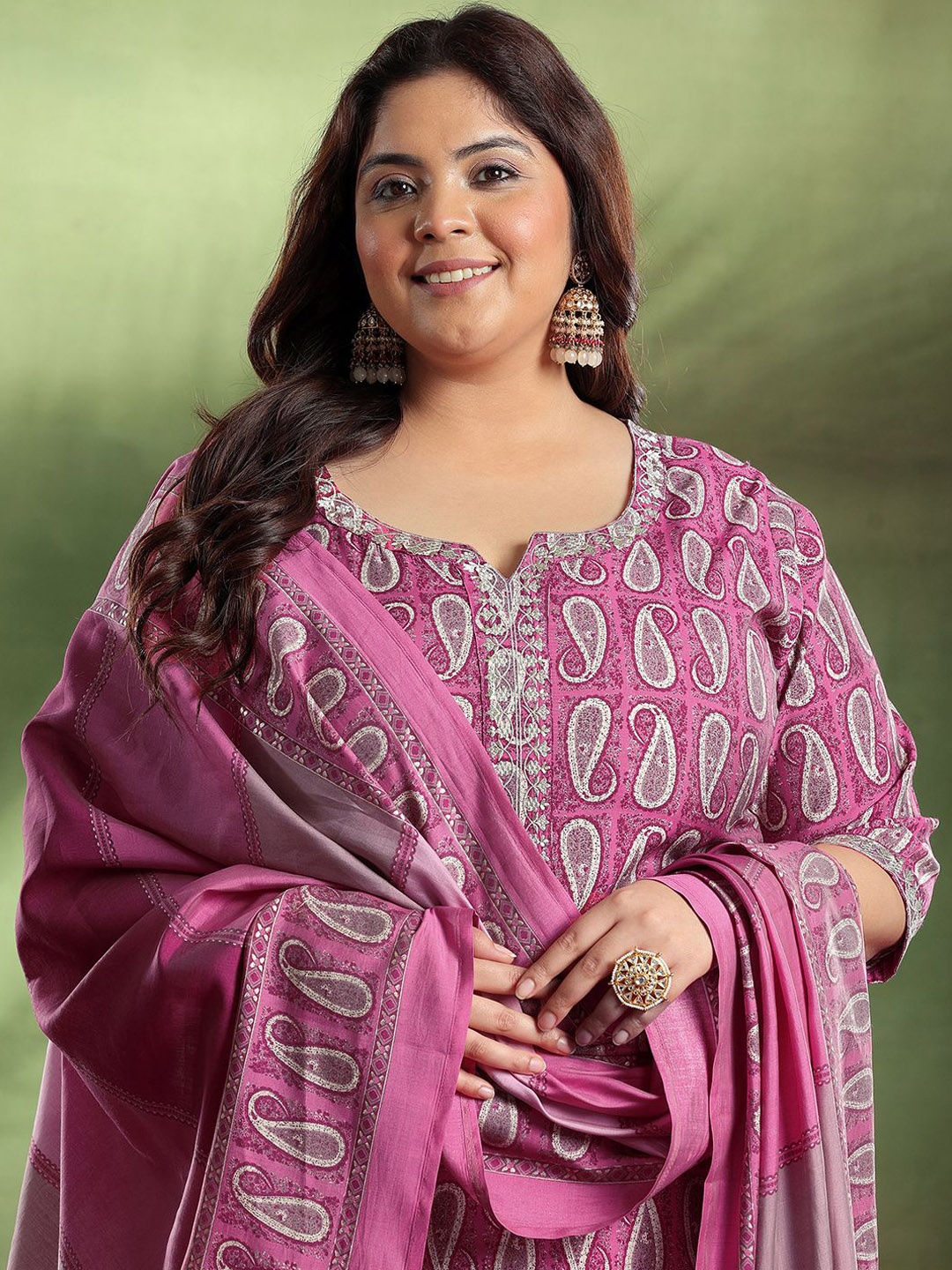 

EXTRA LOVE BY LIBAS Plus Size Paisley Printed Straight Kurta with Palazzos & Dupatta, Pink