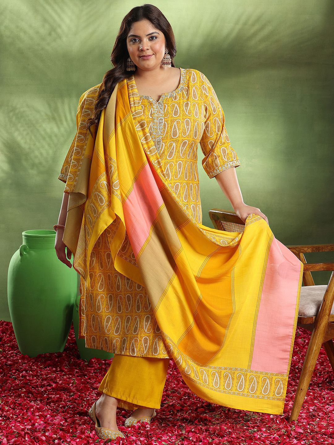 

EXTRA LOVE BY LIBAS Plus Size Paisley Printed Straight Kurta With Palazzos & Dupatta, Mustard