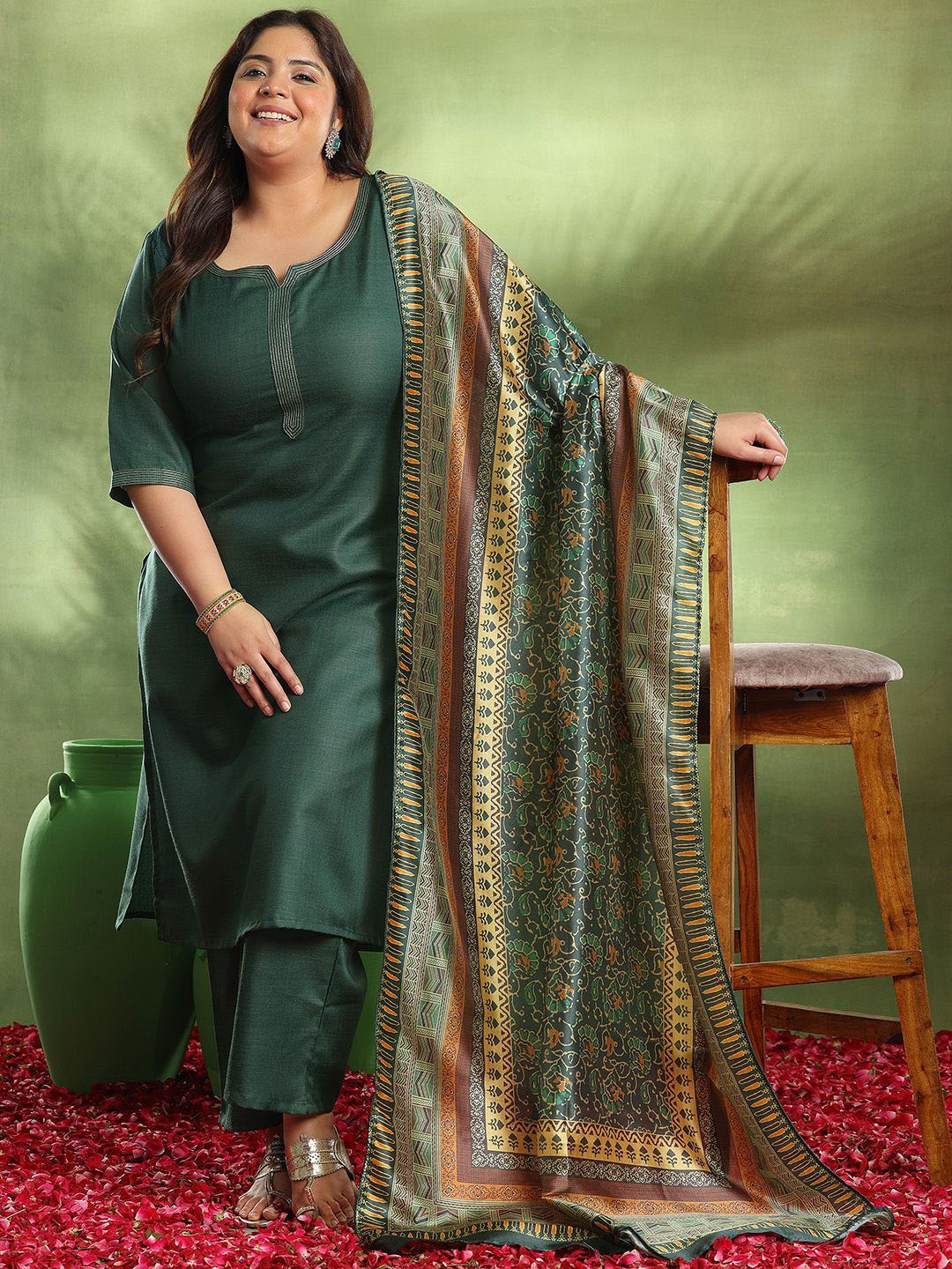

EXTRA LOVE BY LIBAS Plus Size Round Neck Straight Kurta With Trousers & Dupatta, Green