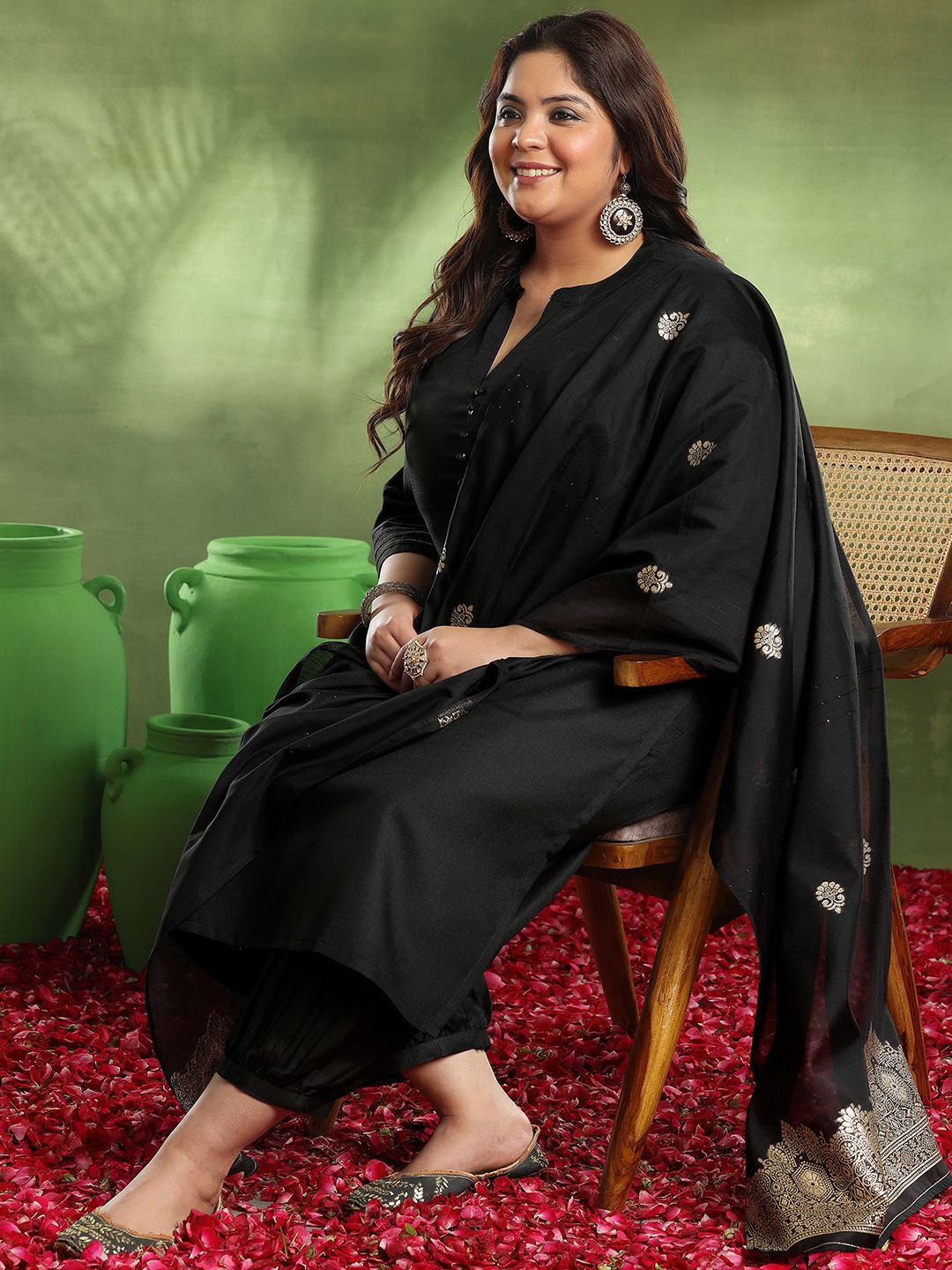 EXTRA LOVE BY LIBAS Plus Size Gotta Patti Straight Kurta With Salwar & Dupatta, Black