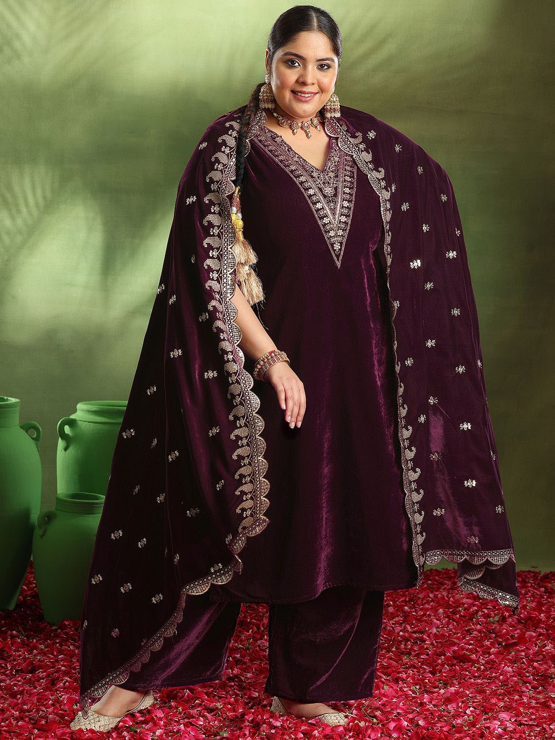 

EXTRA LOVE BY LIBAS Plus Size Ethnic Motifs Yoke Design Velvet Kurta with Trousers & Dupatta, Burgundy
