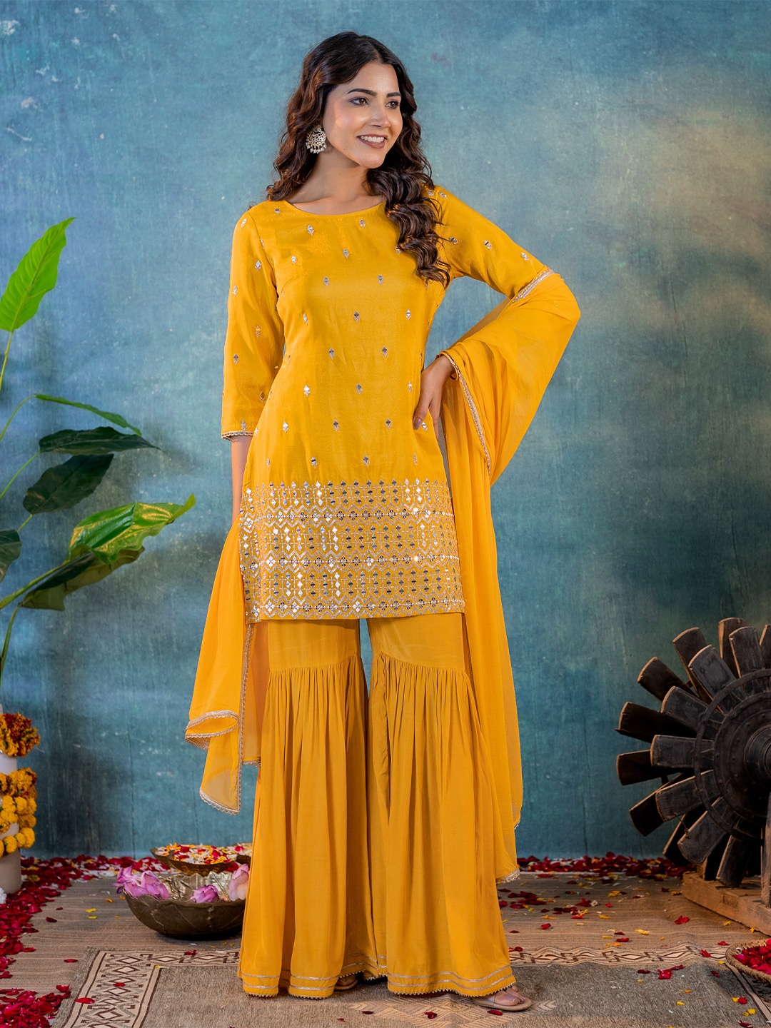 

KASYA Embroidered Mirror Work Kurta with Sharara & Dupatta, Mustard