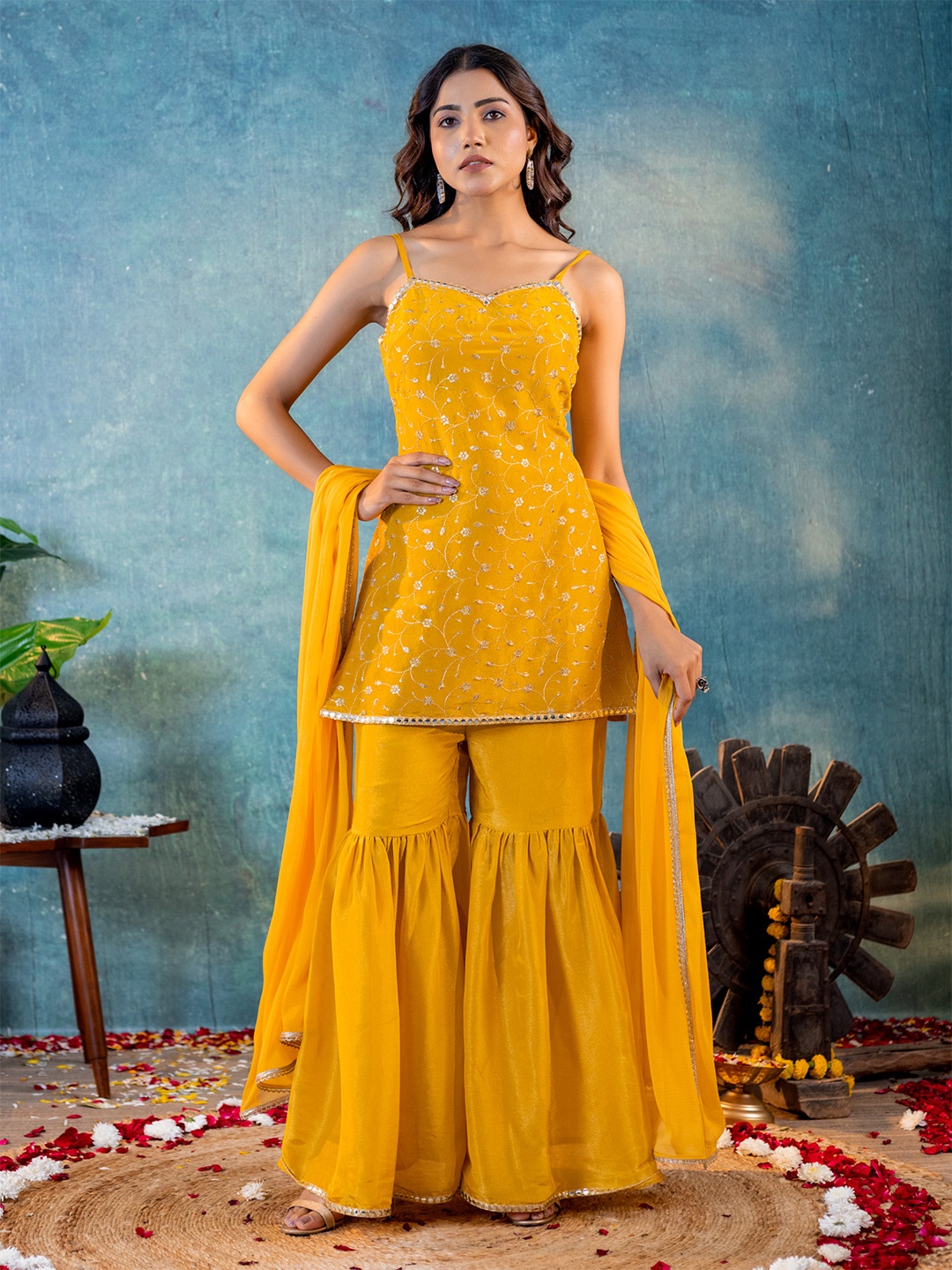 

KASYA Floral Embroidered Kurta With Sharara & Dupatta, Mustard