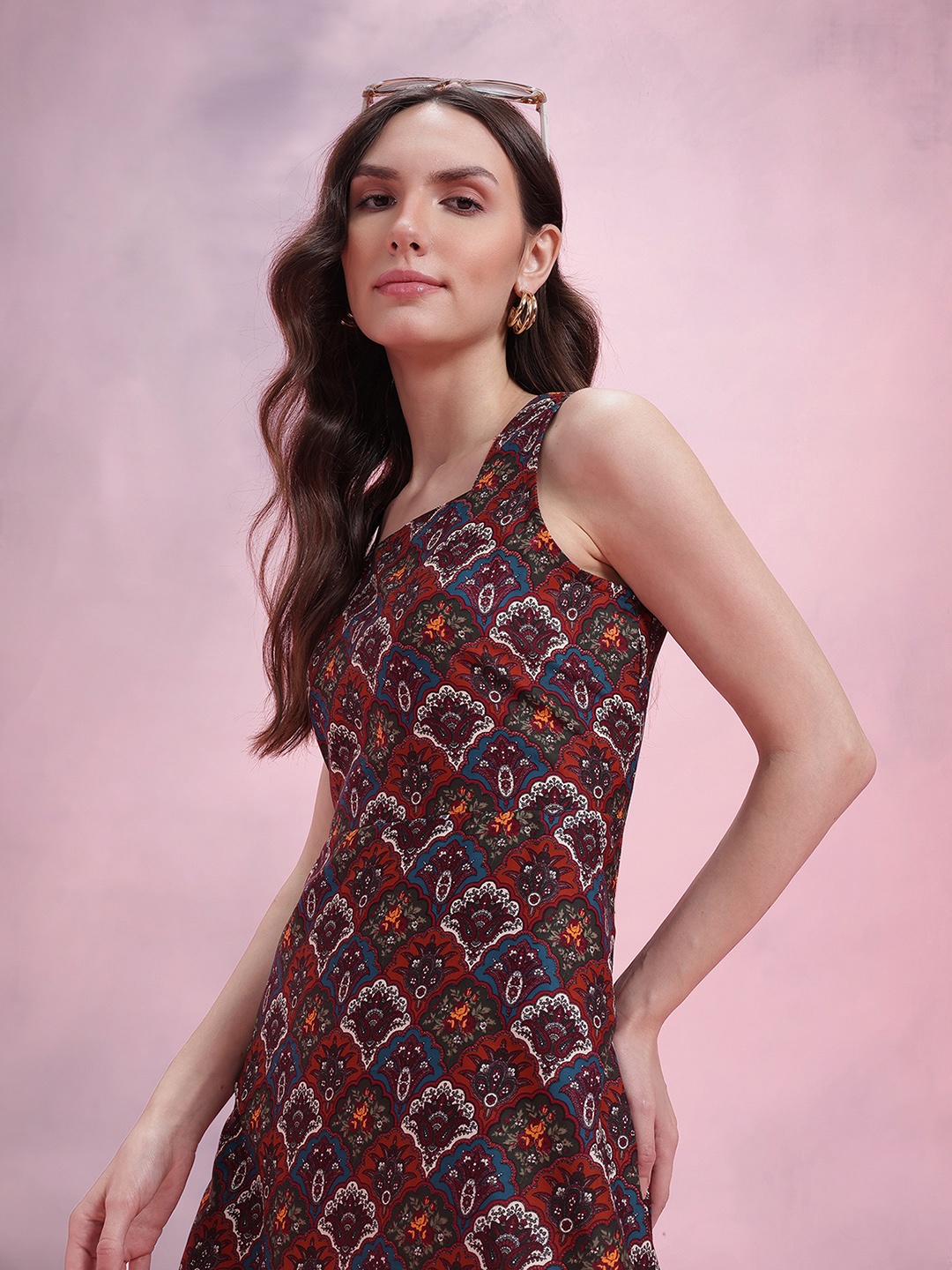 

DressBerry Ethnic Motifs Print A-Line Mini Dress, Brown