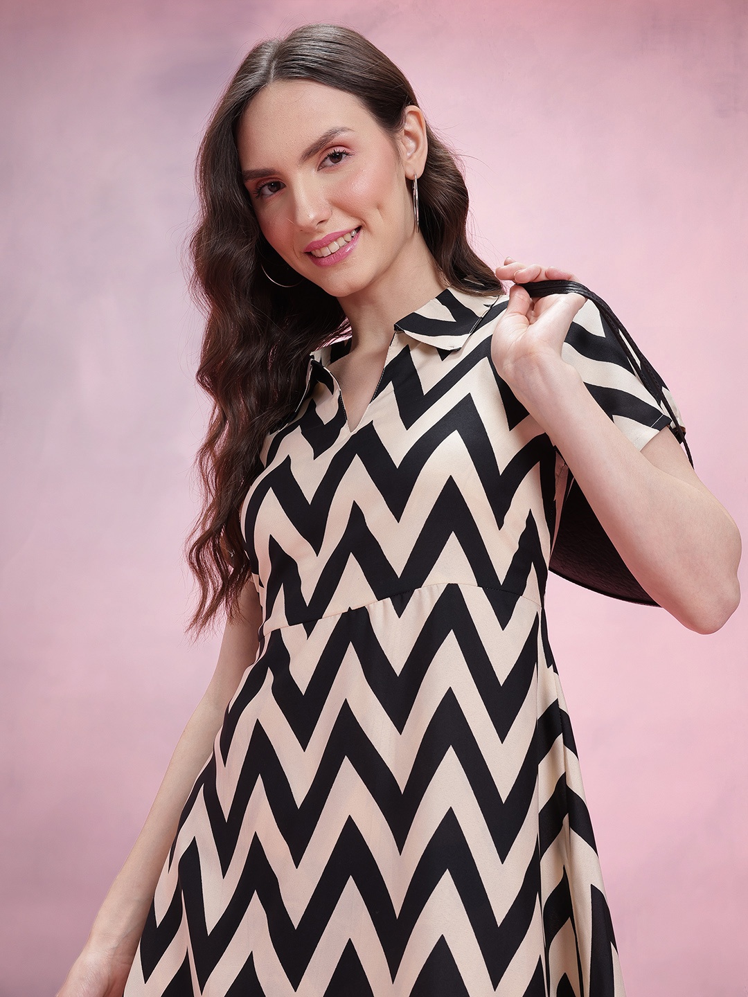 

DressBerry Chevron Printed A-Line Dress, Beige