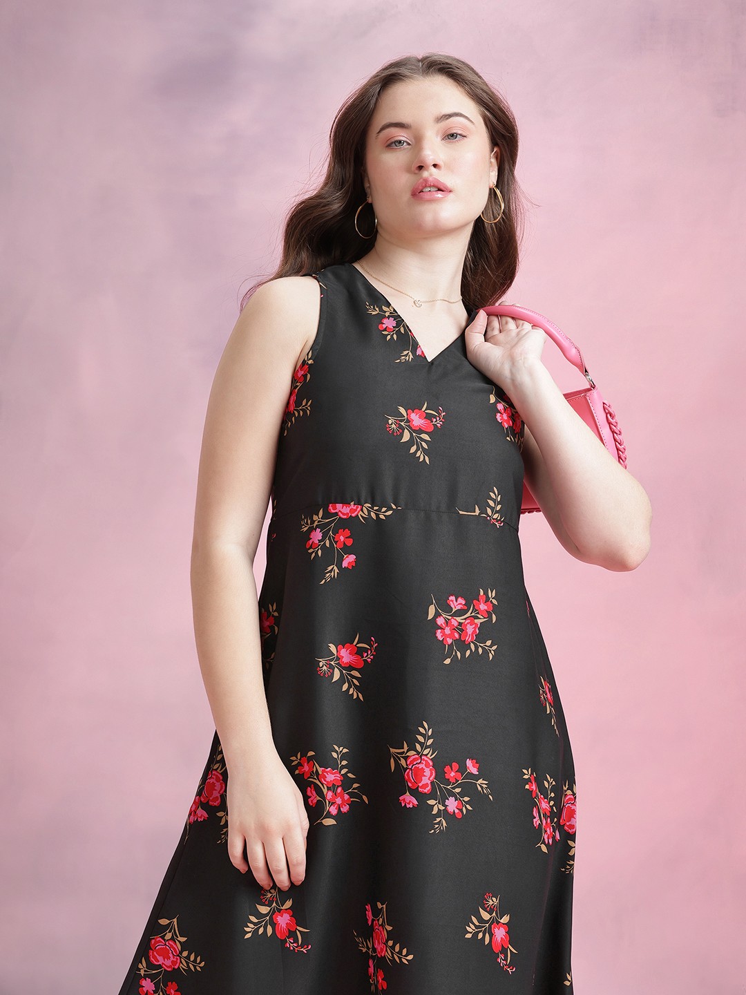 

DressBerry Floral Print A-Line Midi Dress, Black