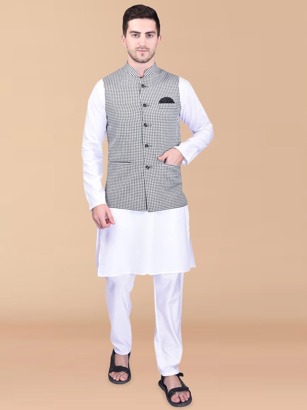 

PRINTINDIA Mandarin Collar Pure Cotton Kurta with Trouser & Jacket, White