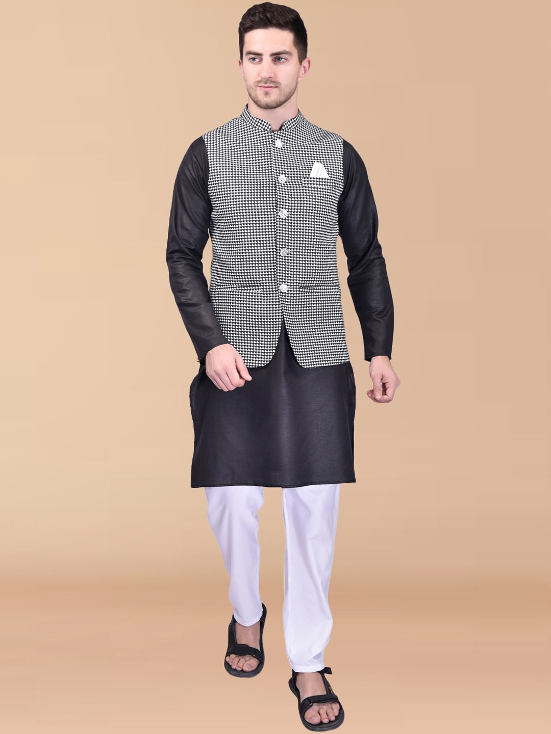 

PRINTINDIA Mandarin Collar Long Sleeves Regular Pure Cotton Kurta & Trouser & Nehru Jacket, Black
