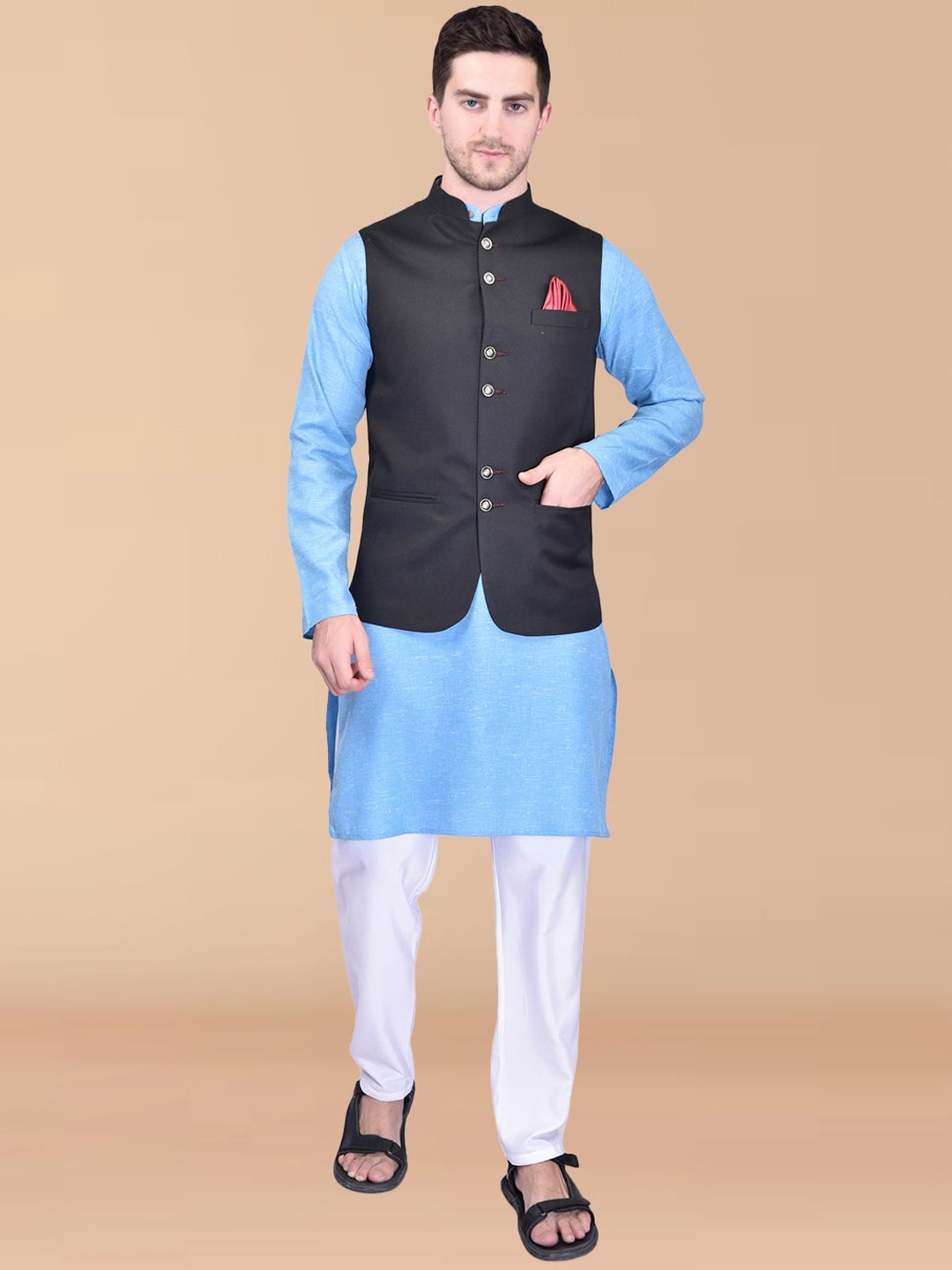 

PRINTINDIA Mandarin Collar Pure Cotton Straight Kurta with Trousers & Nehru Jacket, Blue
