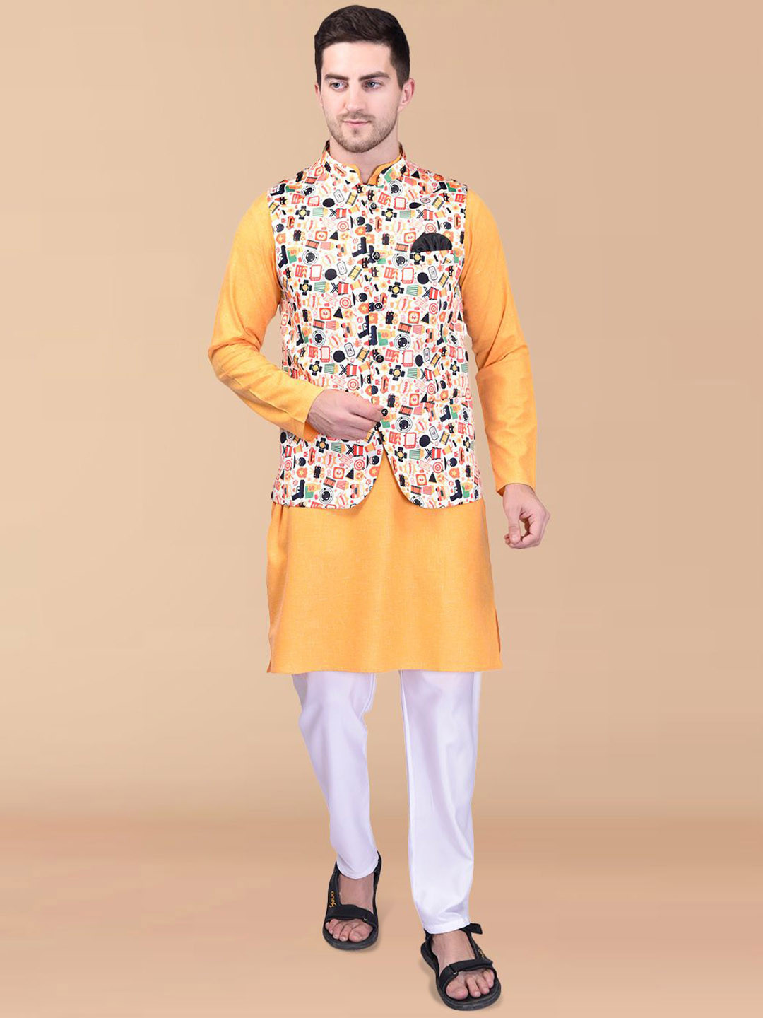 

PRINTINDIA Mandarin Collar Pure Cotton Straight Kurta with Trousers & Nehru jacket, Yellow