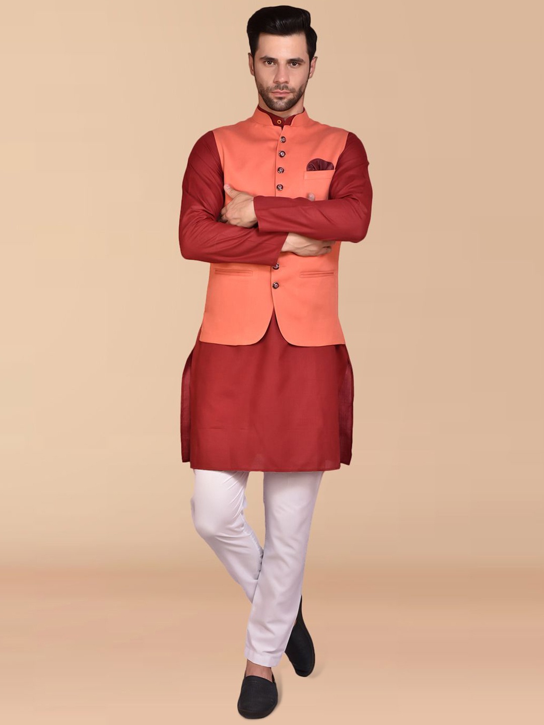 

PRINTINDIA Mandarin Collar Pure Cotton Straight Kurta With Trouser & Nehru jacket, Maroon