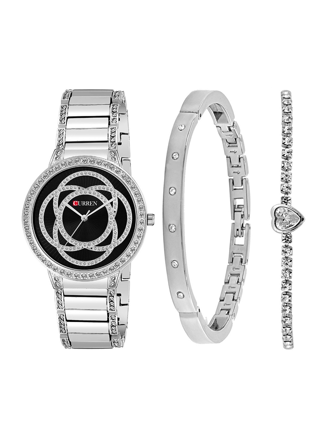 

Curren Women Brass Embellished Dial Reset Time Analogue Watch 3480-SBk+JW-14&15, Silver