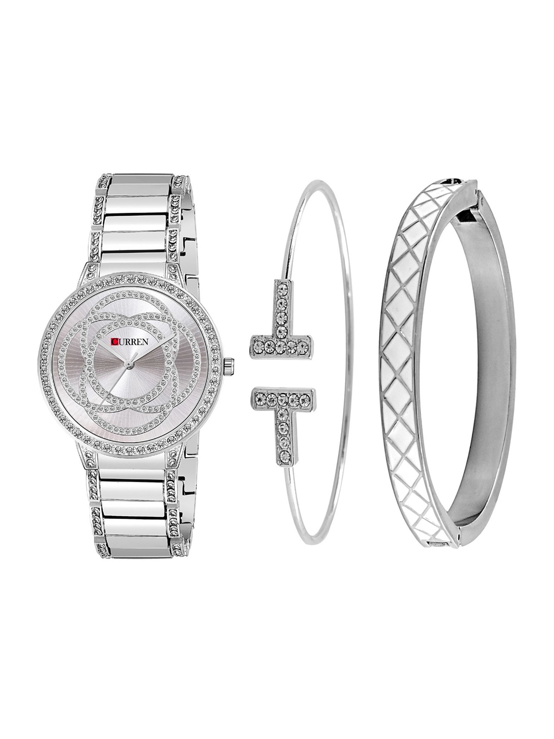 

Curren Women Brass Embellished Dial & Stainless Steel Bracelet Style Straps Analogue Watch, Silver