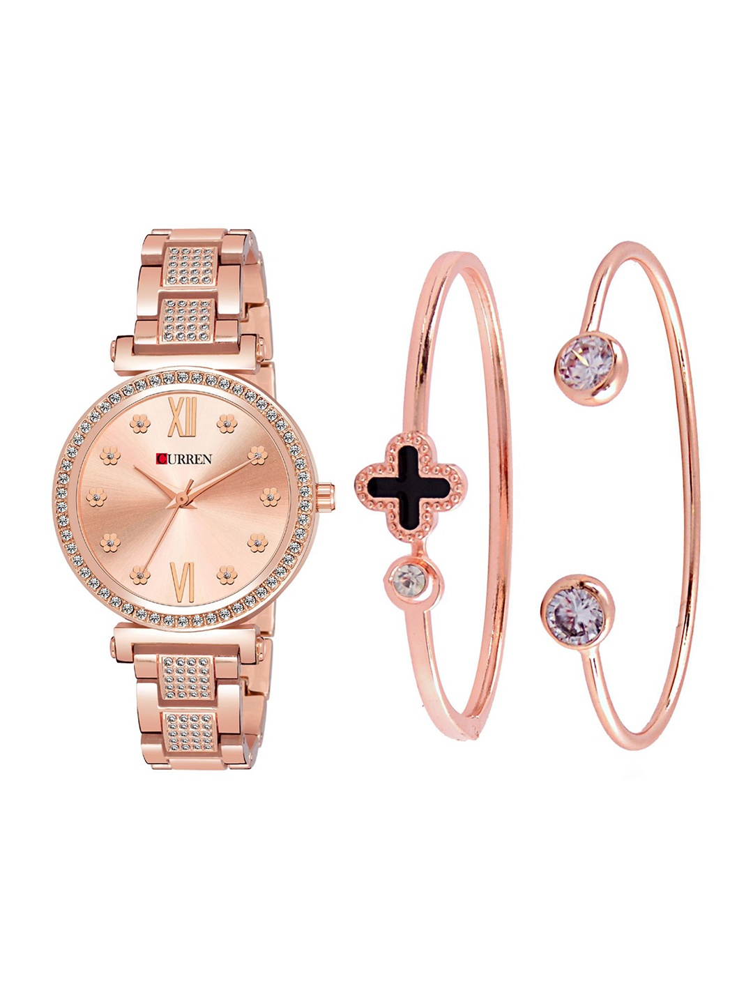 

Curren Women Brass Embellished Dial Reset Time Analogue Watch 1660-RFR+JW-01&22, Rose gold