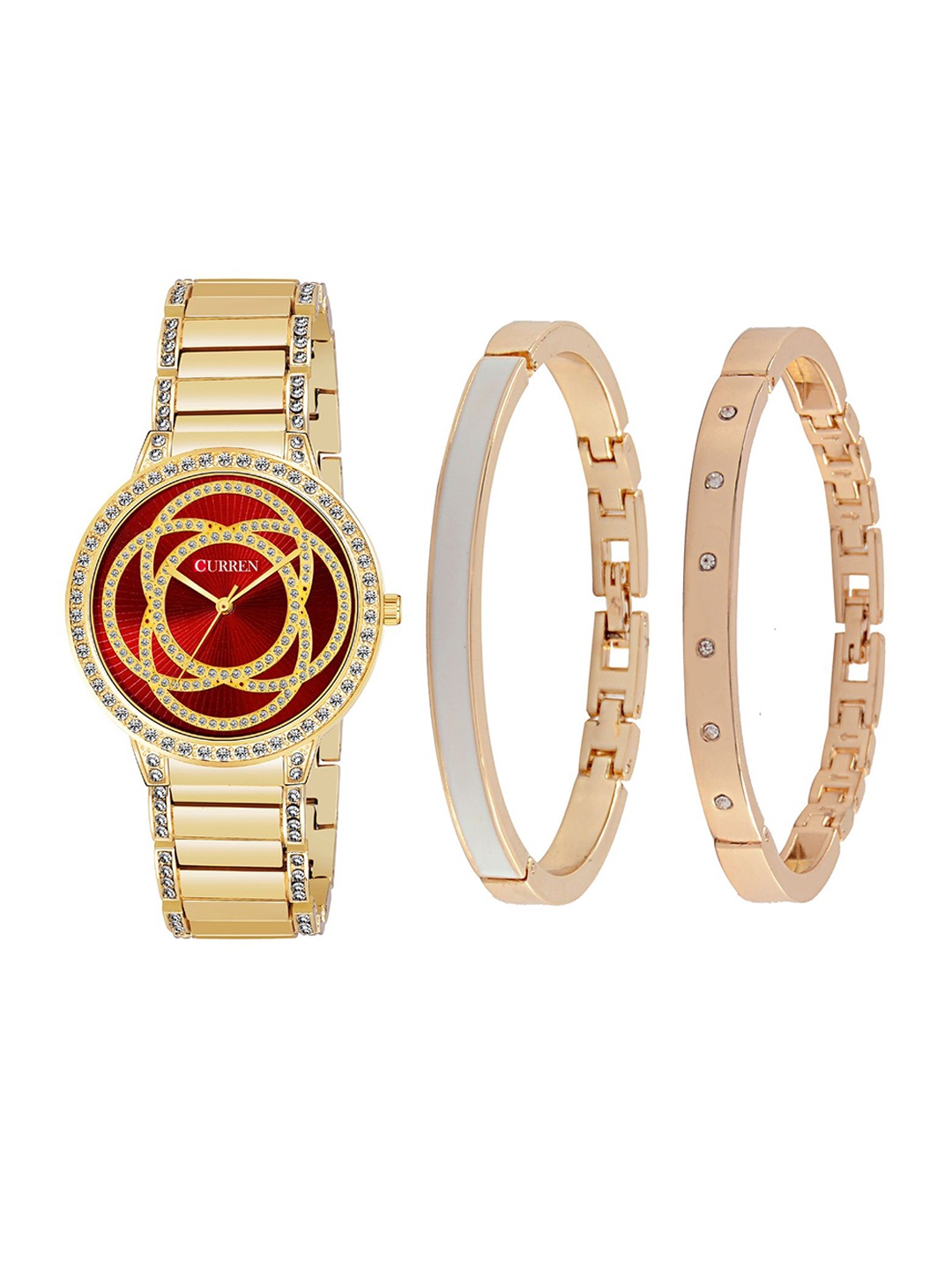 

Curren Women Brass Embellished Dial Analogue Watch 3480-GRD+JW-11&14-Gold Red