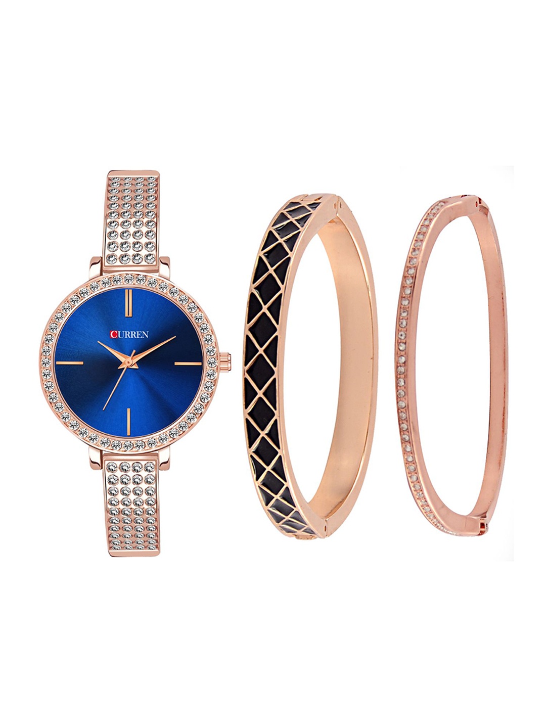 

Curren Women Brass Embellished Dial & Stainless Steel Bracelet Style Straps Analogue Watch, Blue