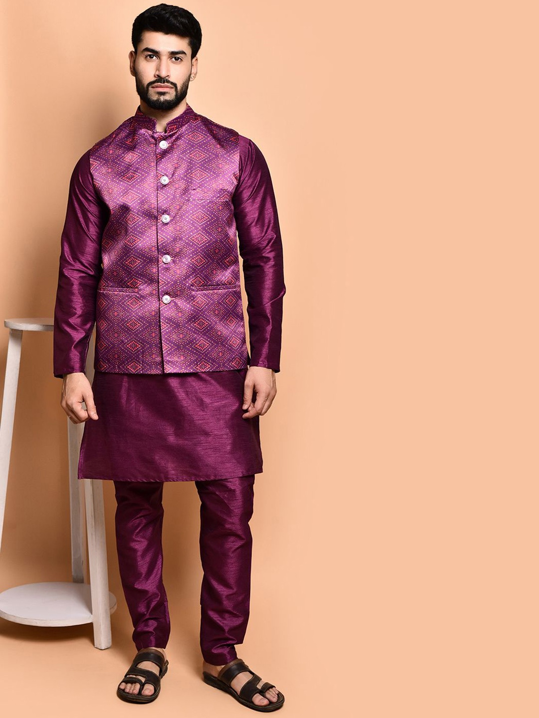 

PRINTINDIA Pure Silk Straight Kurta with Trousers & Nehru jacket, Purple