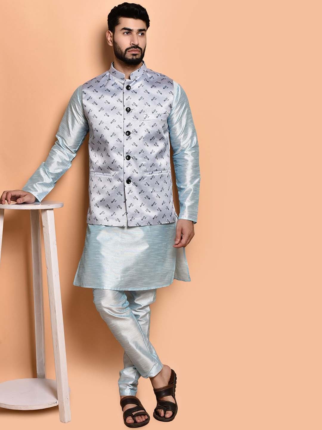 

PRINTINDIA Mandarin Collar Pure Silk Kurta with Trouser & Jacket, Blue