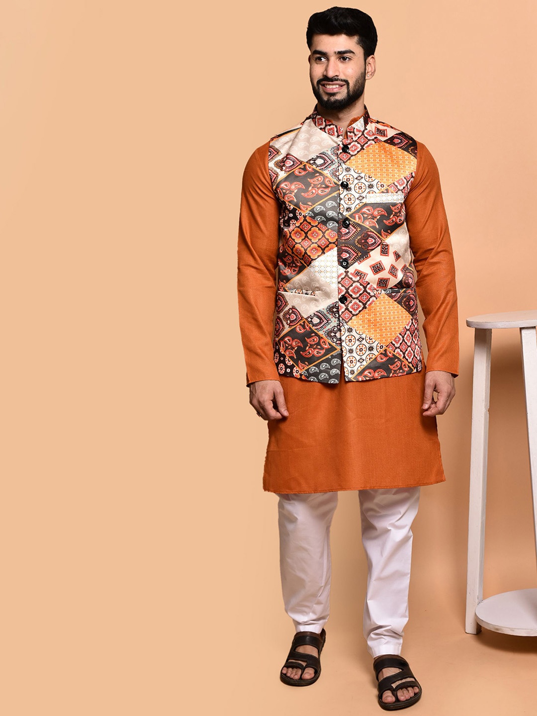 PRINTINDIA Mandarin Collar Pure Cotton Kurta with Trousers & Nehru Jacket, Orange