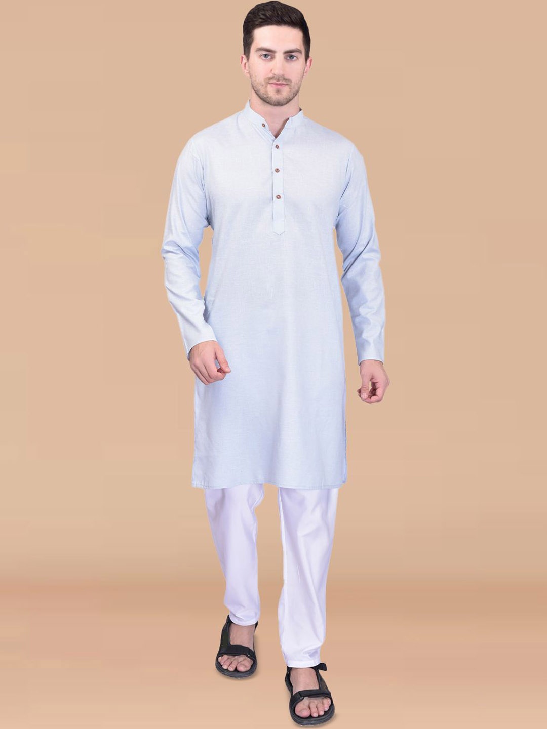 PRINTINDIA Mandarin Collar Pure Cotton Kurta with Trouser, Grey