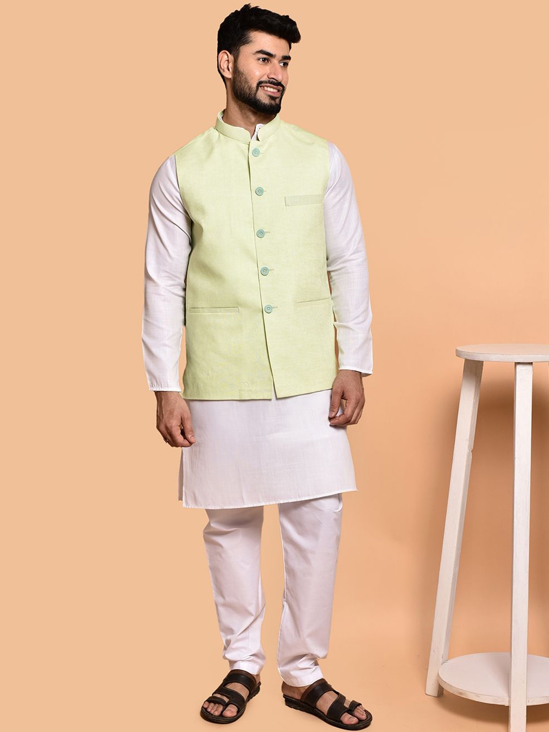 

PRINTINDIA Mandarin Collar Pure Cotton Kurta with Trouser & Jacket, White