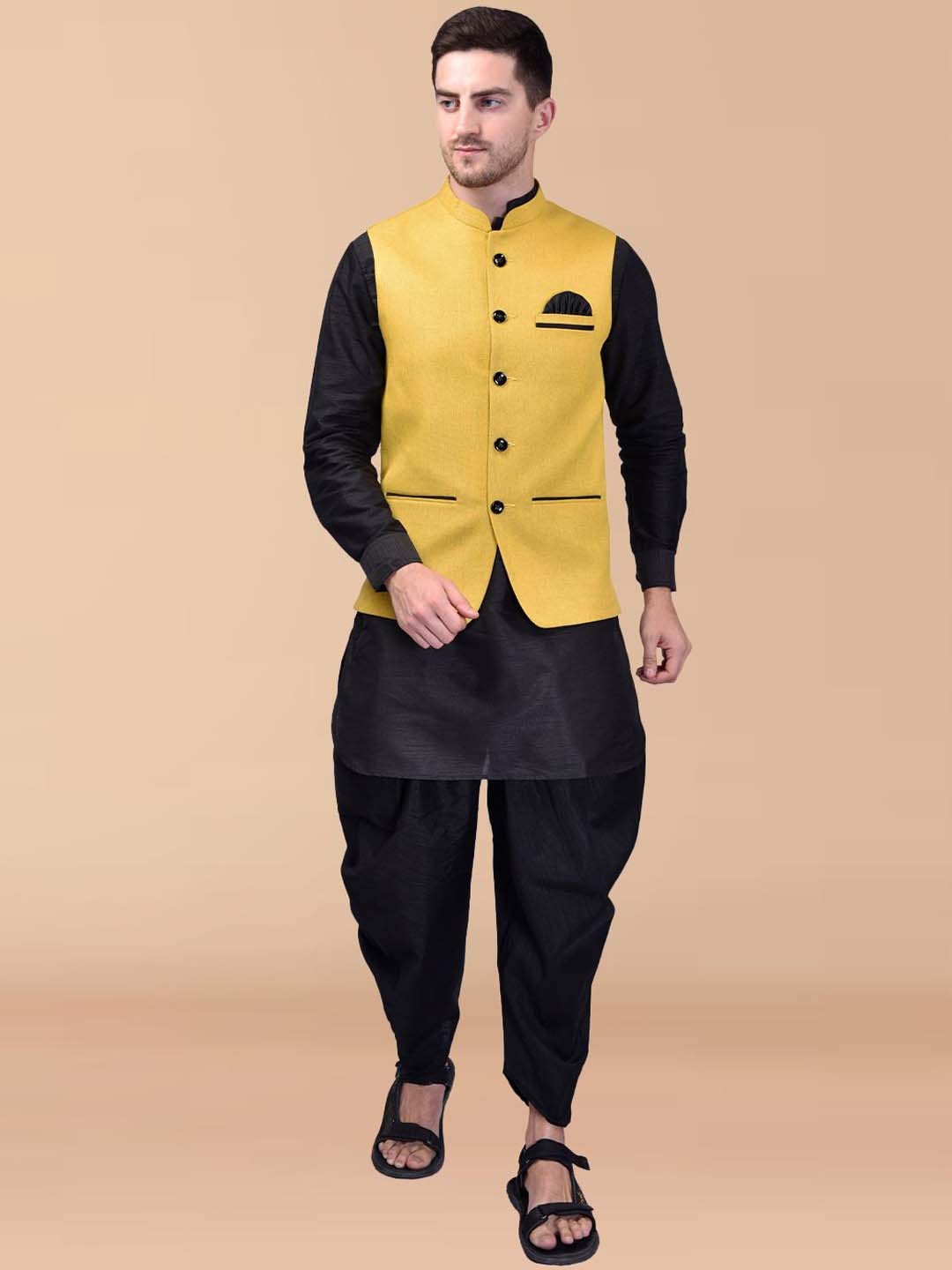 

PRINTINDIA Mandarin Collar Pure Silk Kurta with Dhoti Pant & Jacket, Black