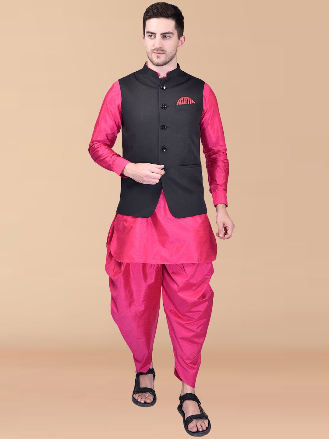 

PRINTINDIA Mandarin Collar Pure Silk Kurta with Harem Pant & Jacket, Pink