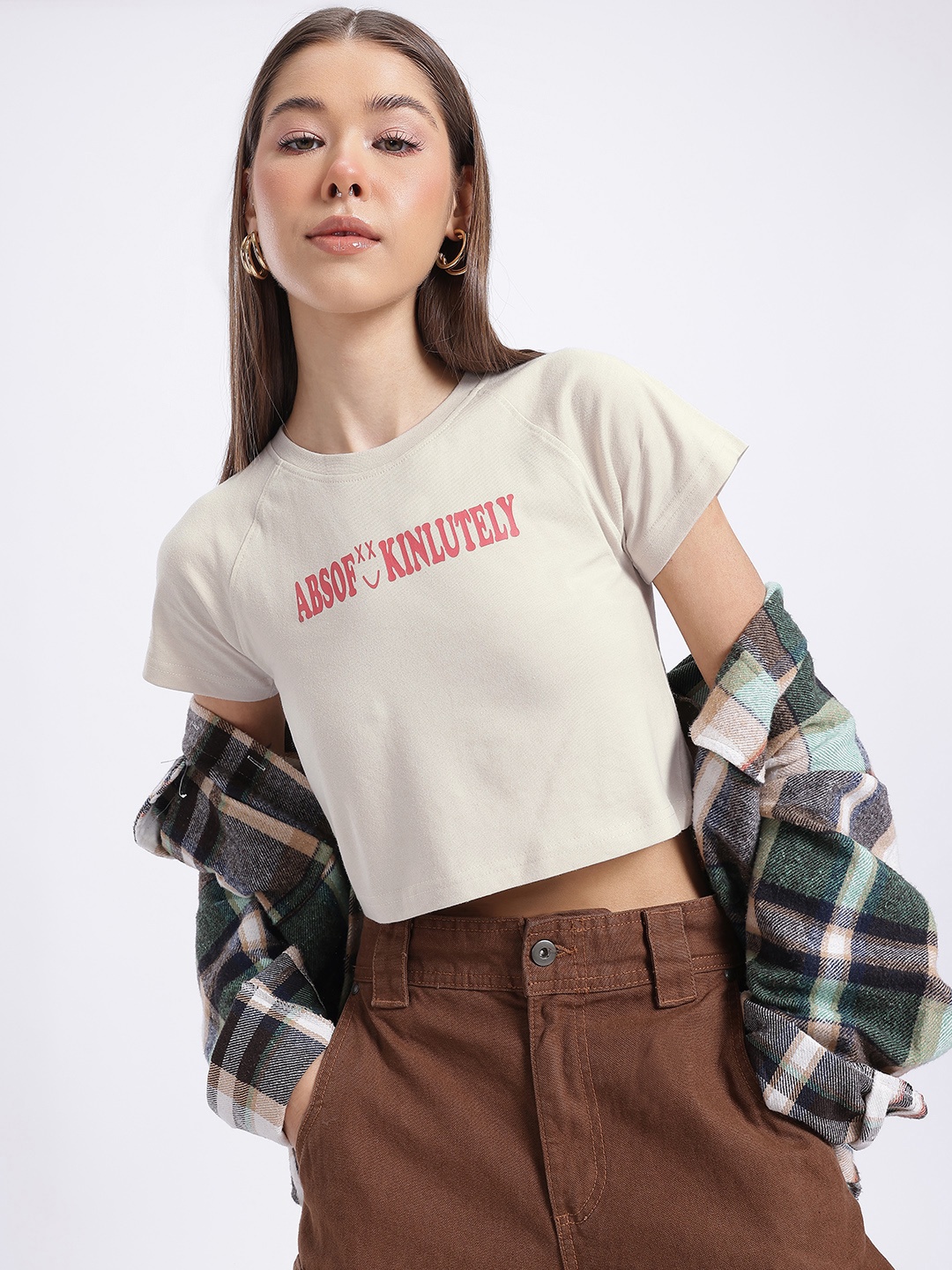 

glitchez Unfiltered Bold Printed Crop T-shirt, Taupe