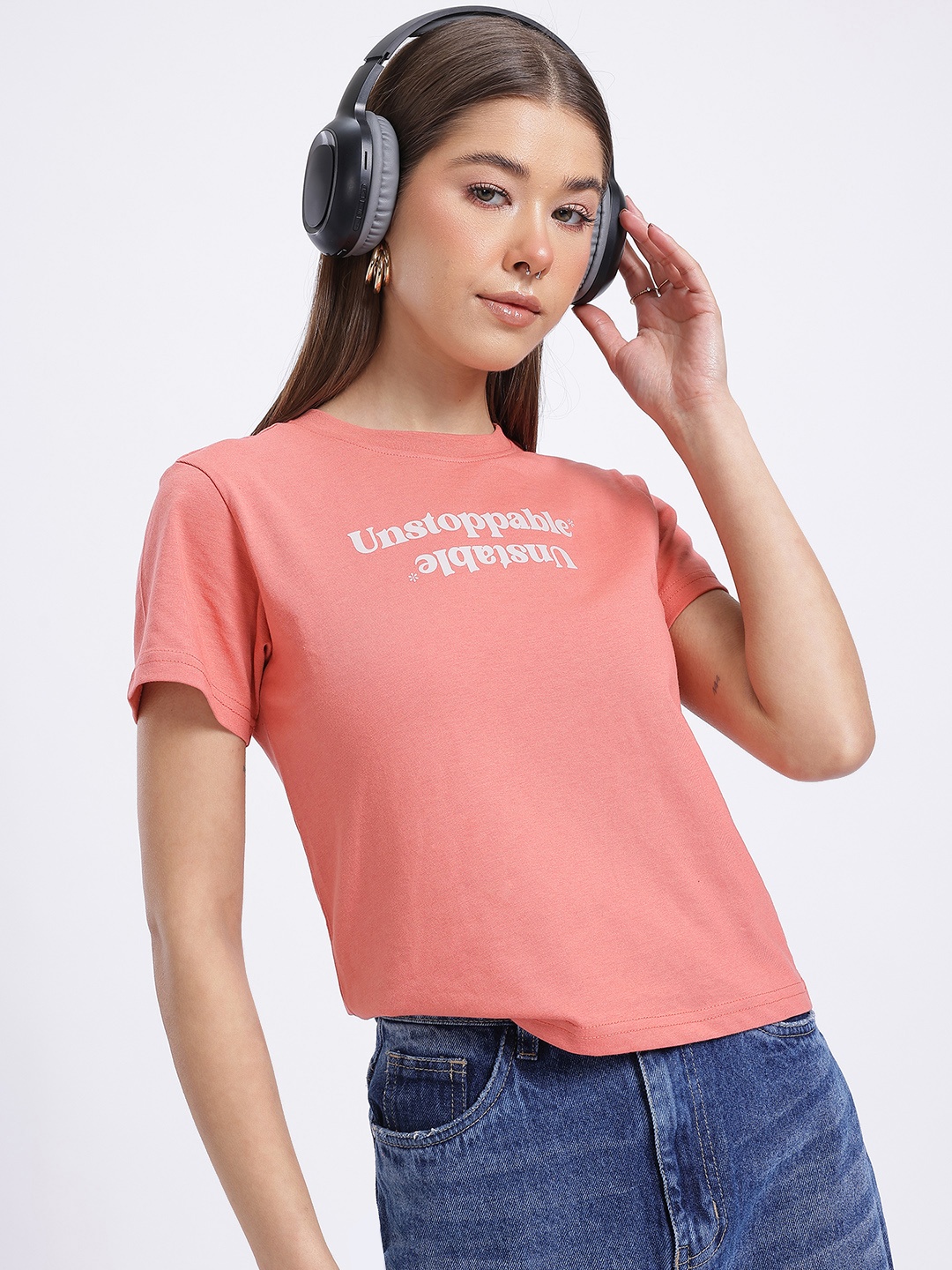 

glitchez Fearless Frenzy Printed T-shirt, Peach