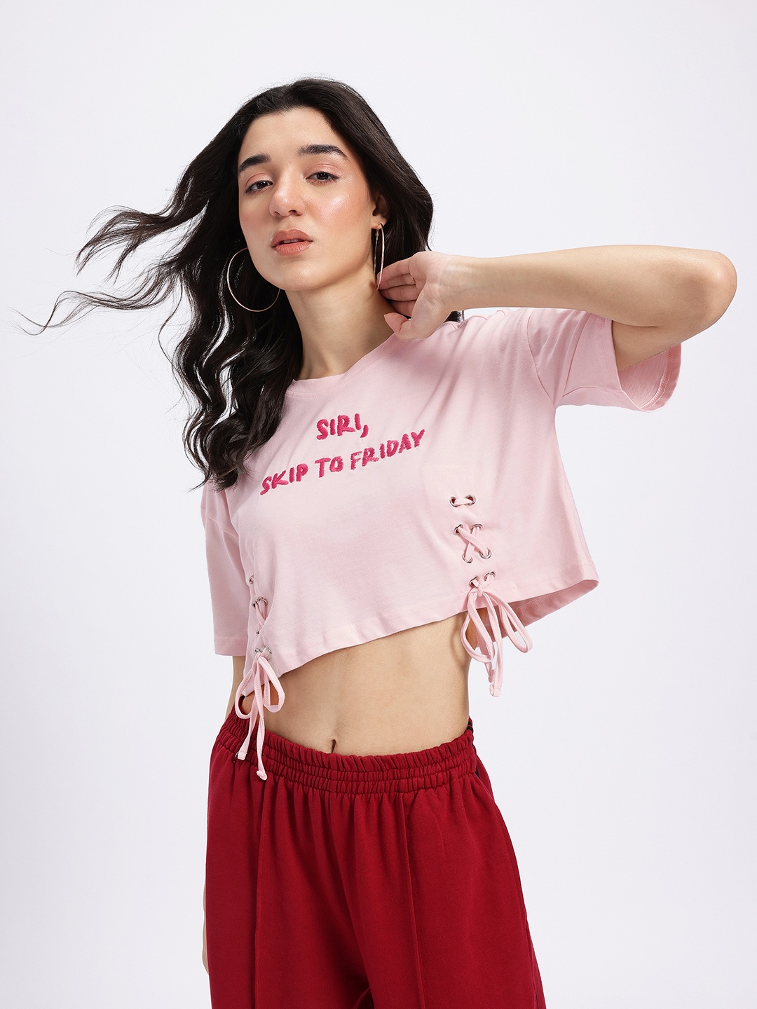 

glitchez Typographic Rizz Embroidered Drop-Sleeves Crop Boxy Fit T-shirt with Lace-Ups, Pink