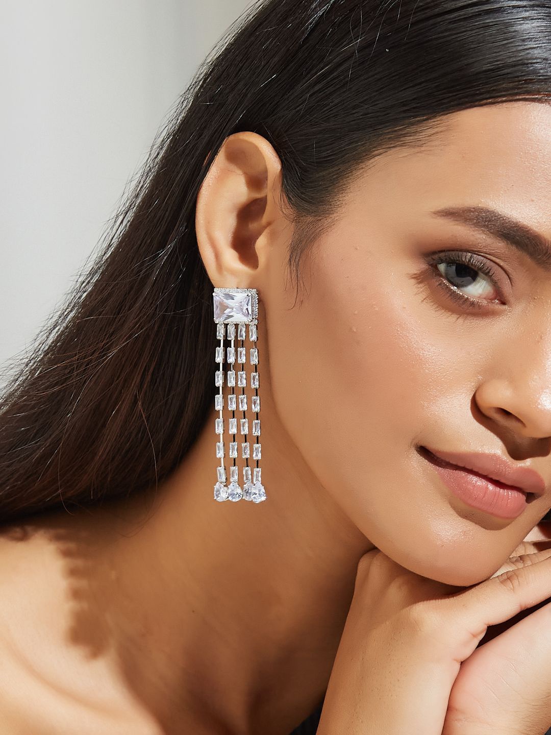 

Yinara Silver-Plated Stainless Steel Cubic Zirconia Studded Square Tasselled Drop Earrings