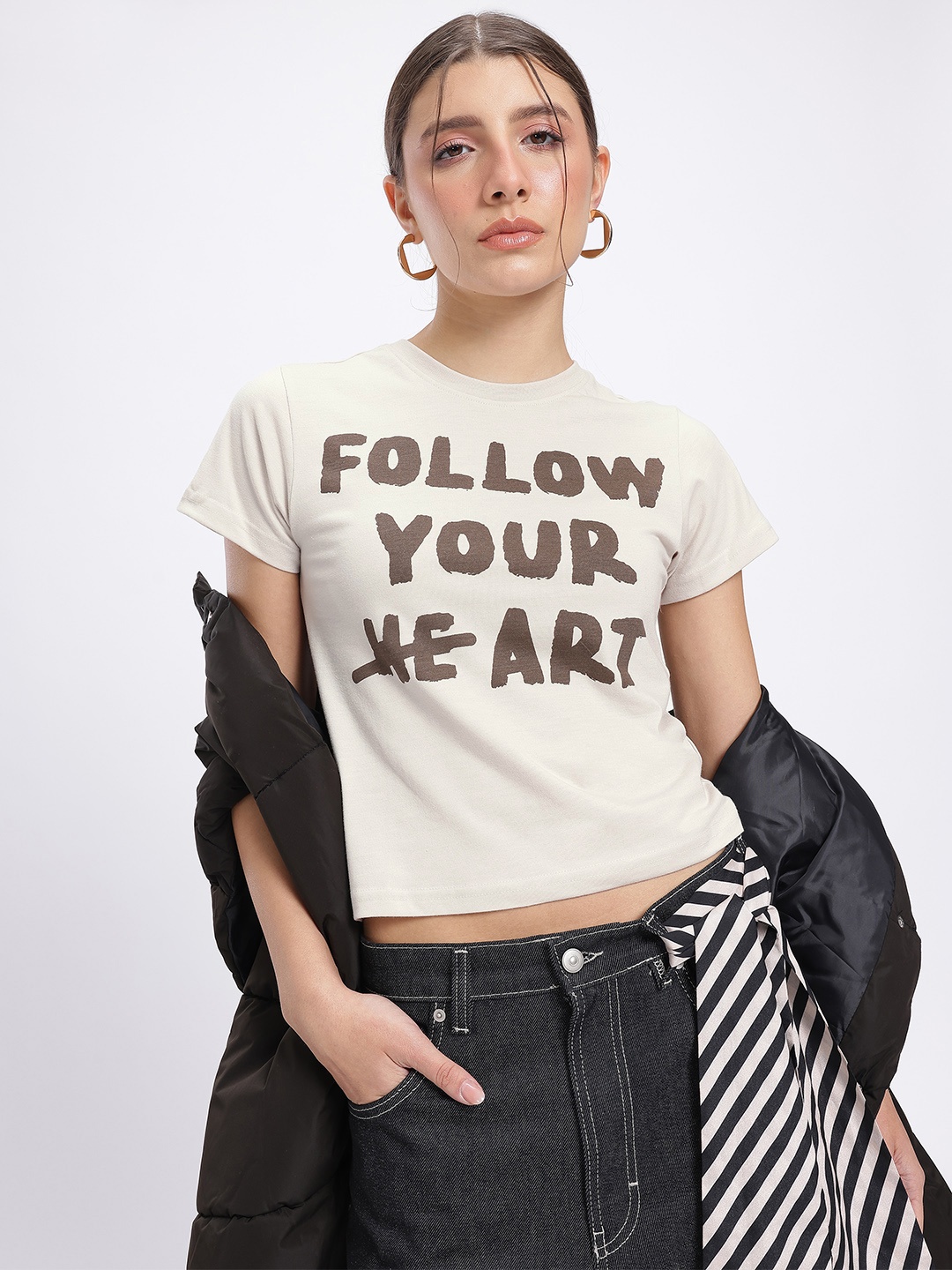 

glitchez Positive Pulse Typography Printed T-shirt, Beige