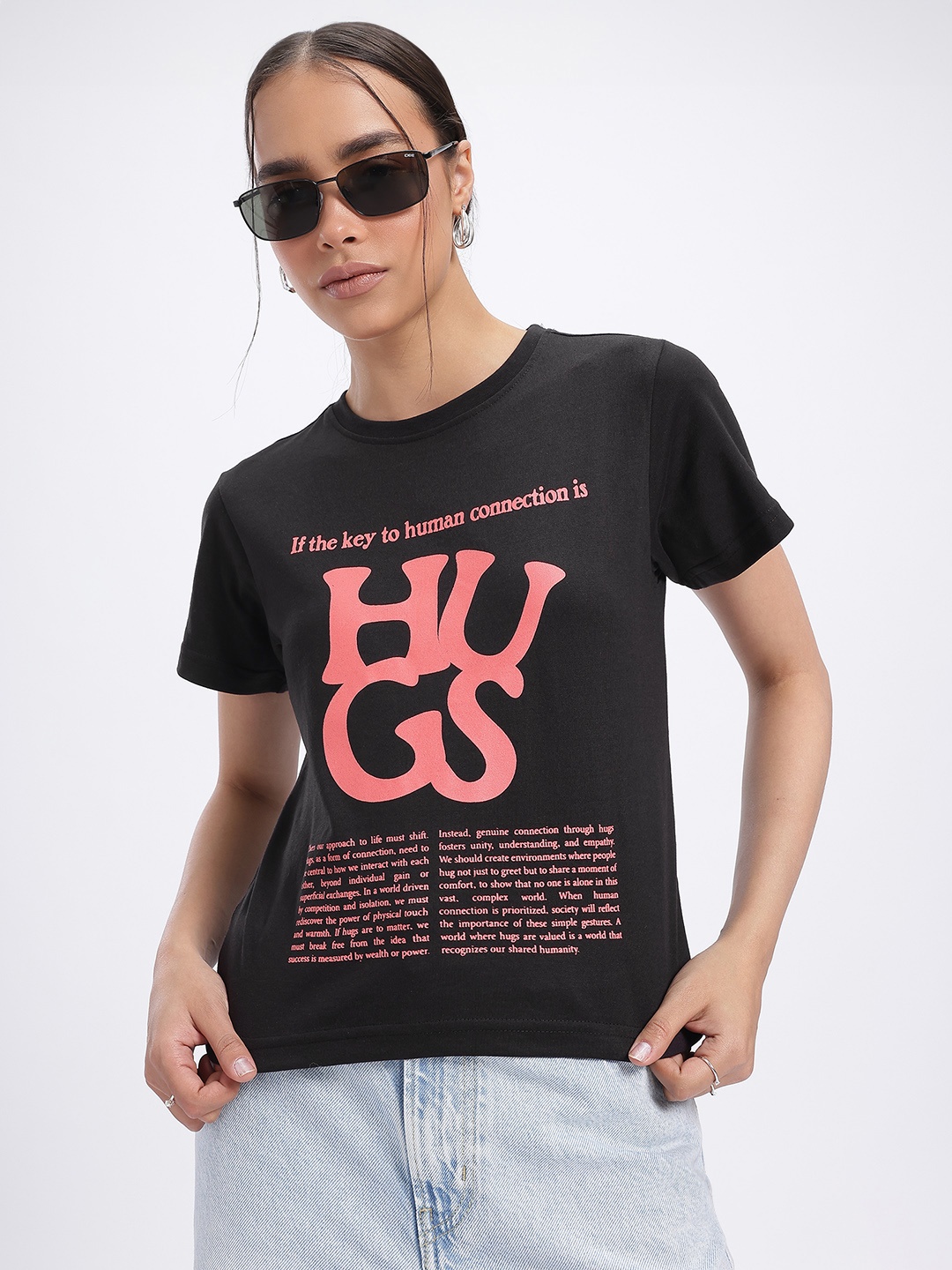 

glitchez Hug Tight Typography Printed Tshirt, Black