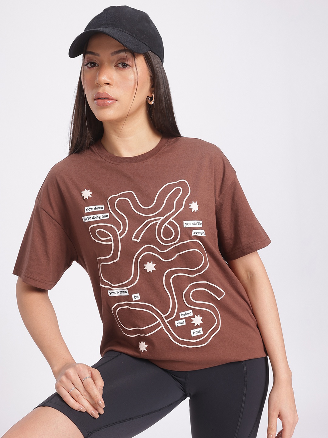 

glitchez Vibes On Vibes Dropped Sleeve Oversized T-Shirt, Brown