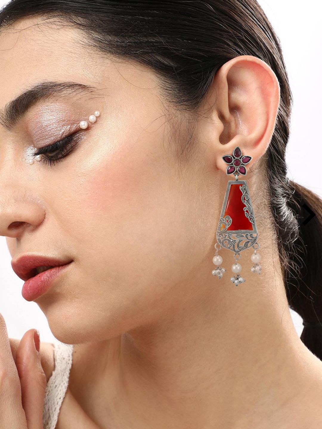 

Yinara Silver Plated Artificial Stones And Beads Contemporary Drop Earrings, Red