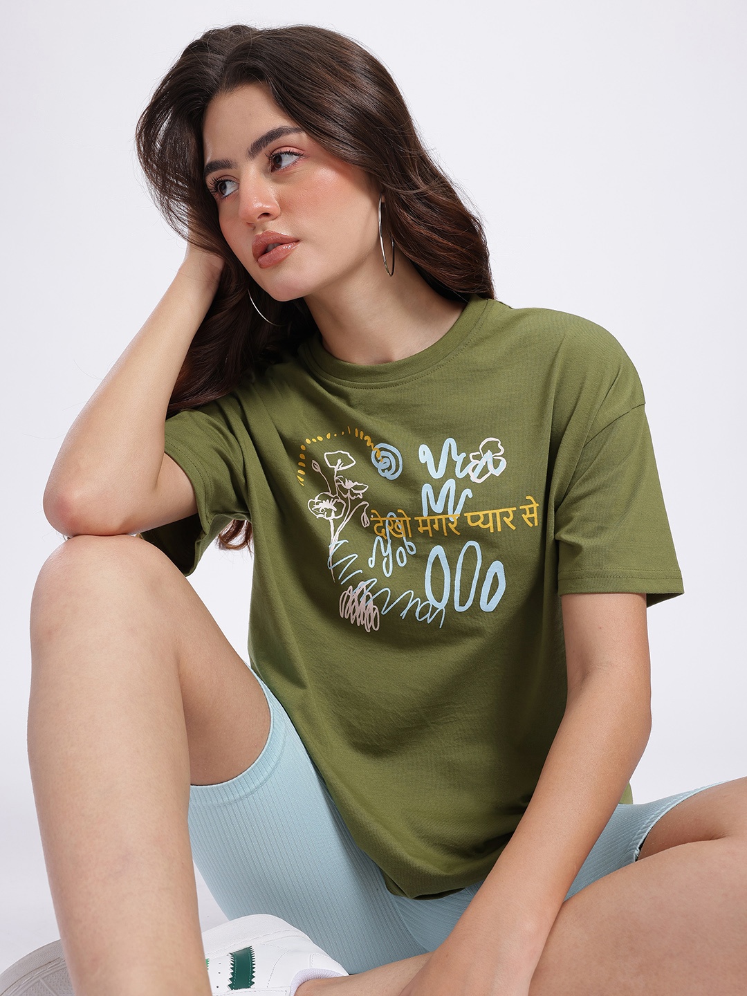 

glitchez Casual Cool Typography Printed Oversized T-shirt, Green