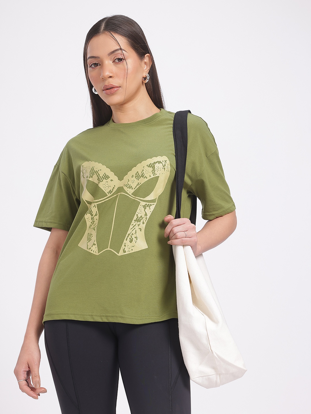 

glitchez Vibe Check Dropped Sleeve Oversized T-Shirt, Olive