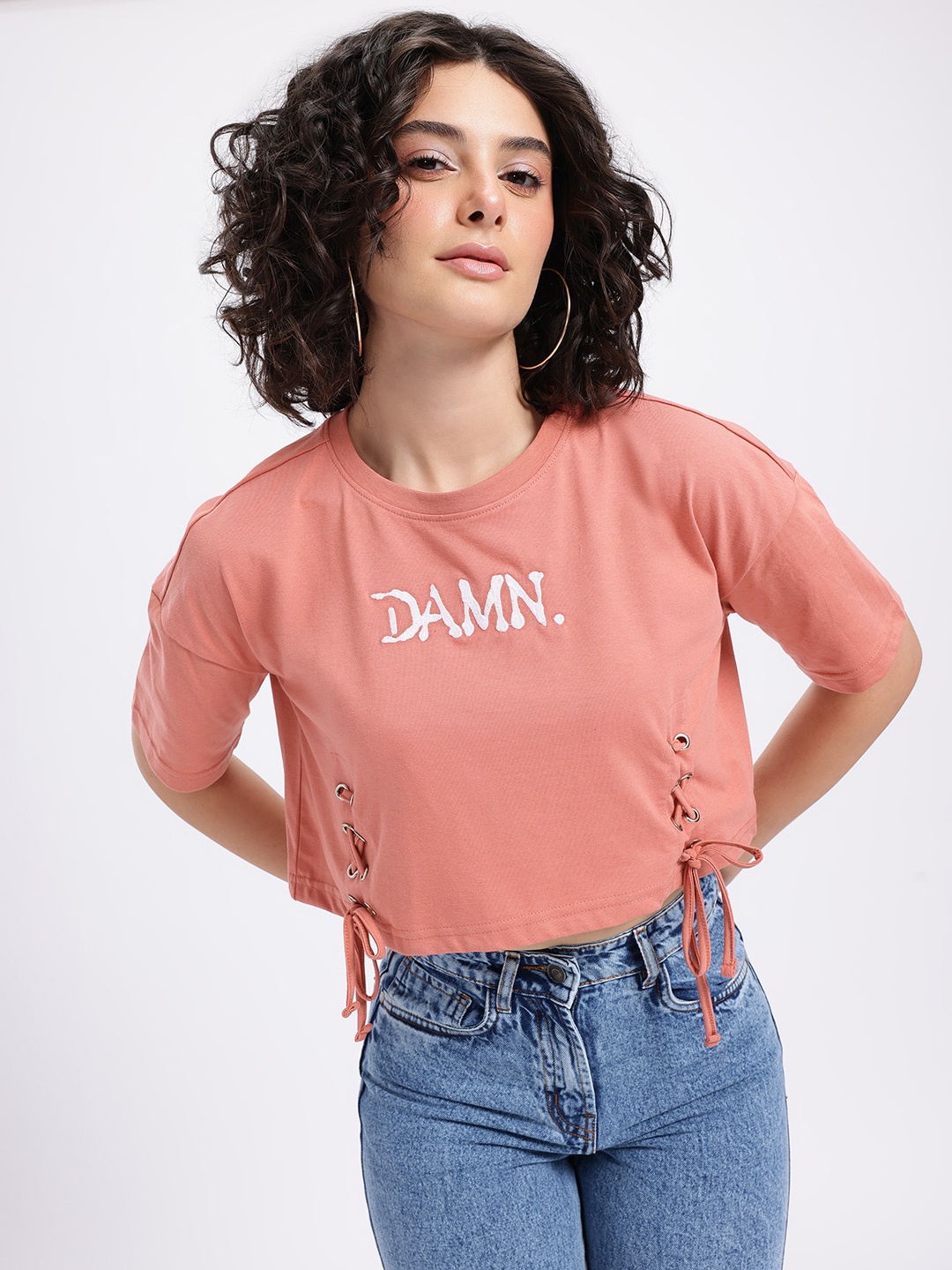 

glitchez Embroidered Edge Lace-Up Crop Boxy T-shirt, Pink